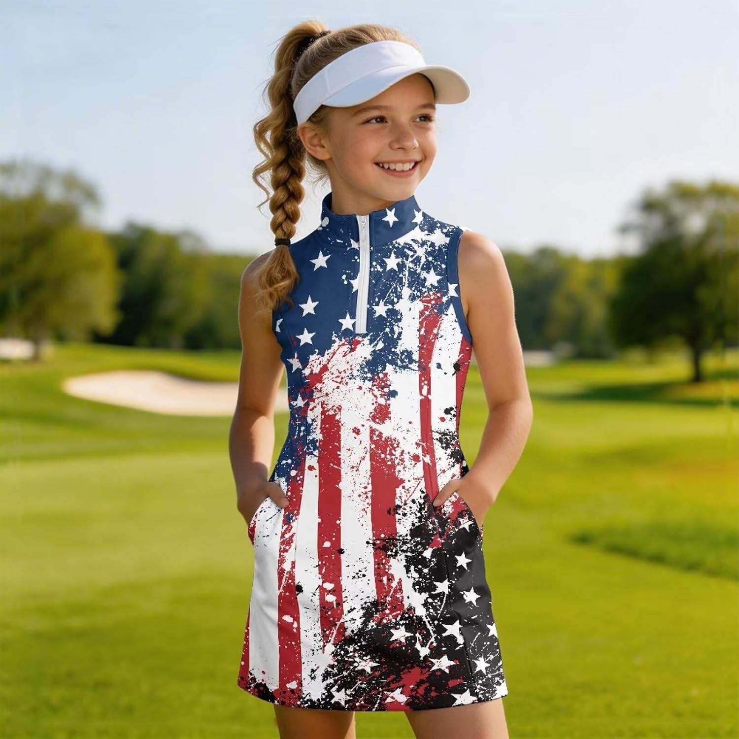 Biyejit Girls Sleeveless Tennis Dress Kids Polo V Neck Golf Dress School Sports Dresses Outfit with Pockets Quick Dry 4-15Y