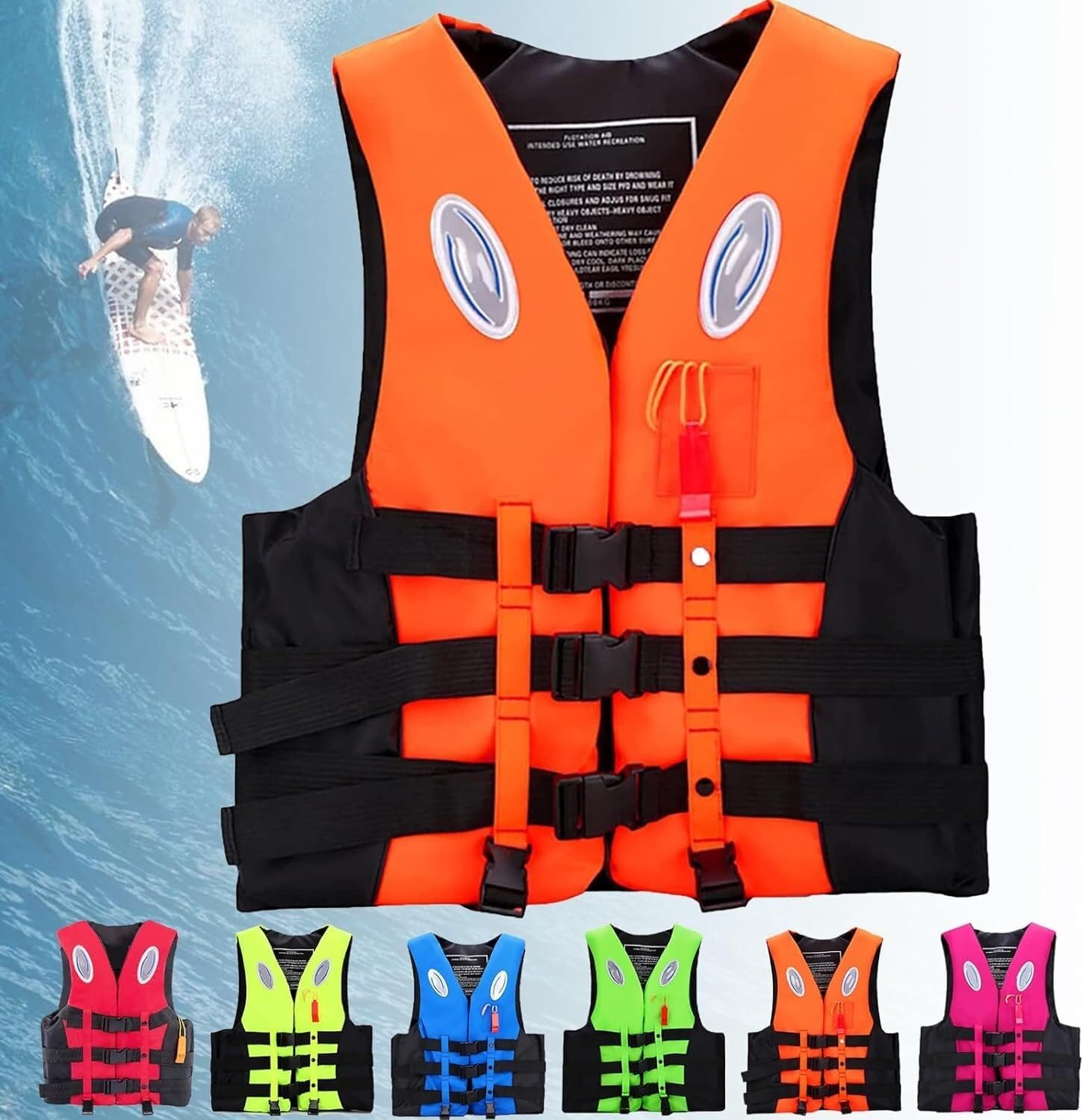 Life Vests for Adult Kids, Paddle Board Buoyancy Aids, Adjustable Swim Vest with Whistle and Reflective Strip for Whose Weight 20-100KG(Orange,M)