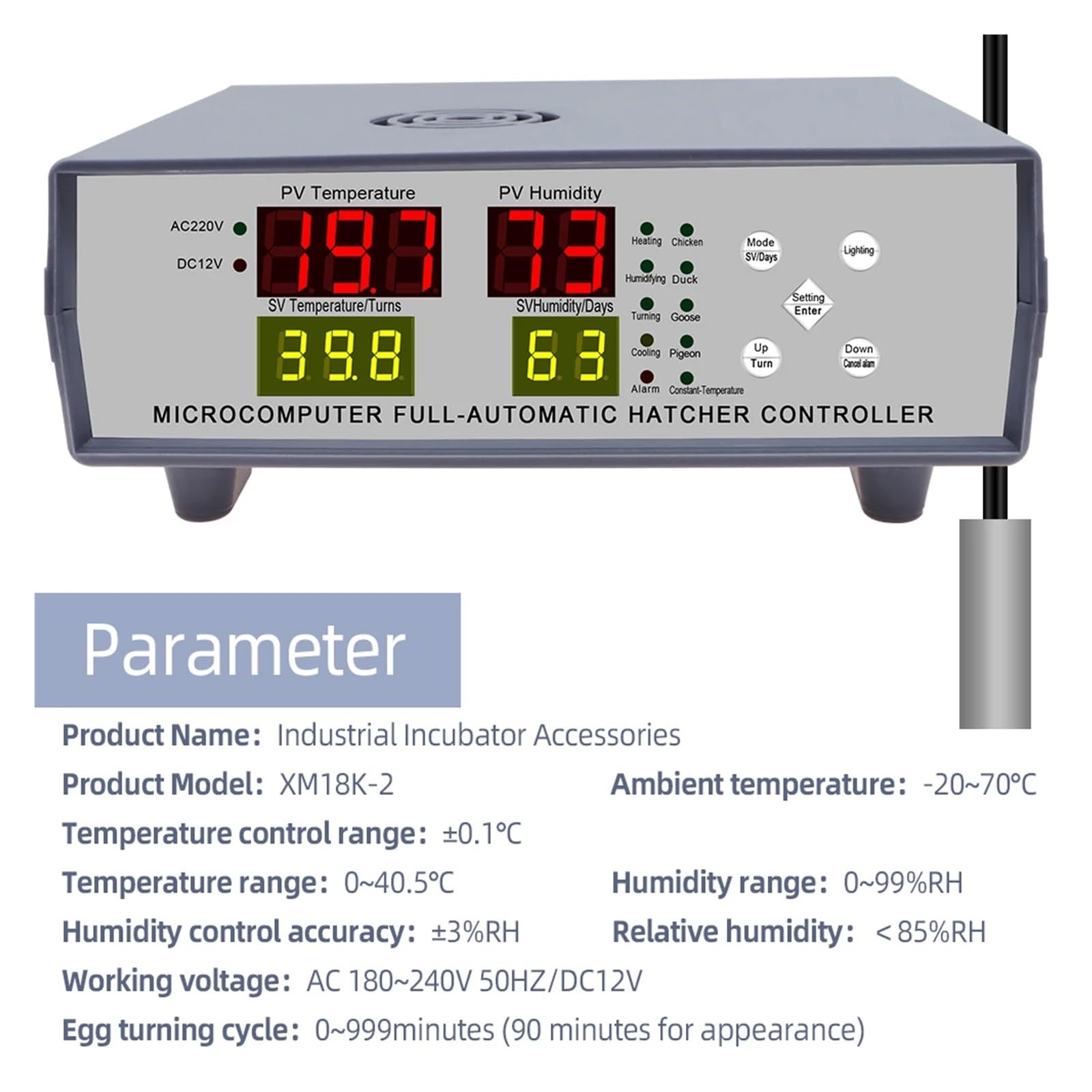 Controlador de Temperatura, Controlador de incubadora digital Xm-18k-2 Termostato totalmente automático y control huevos Sensor eclosión pollos