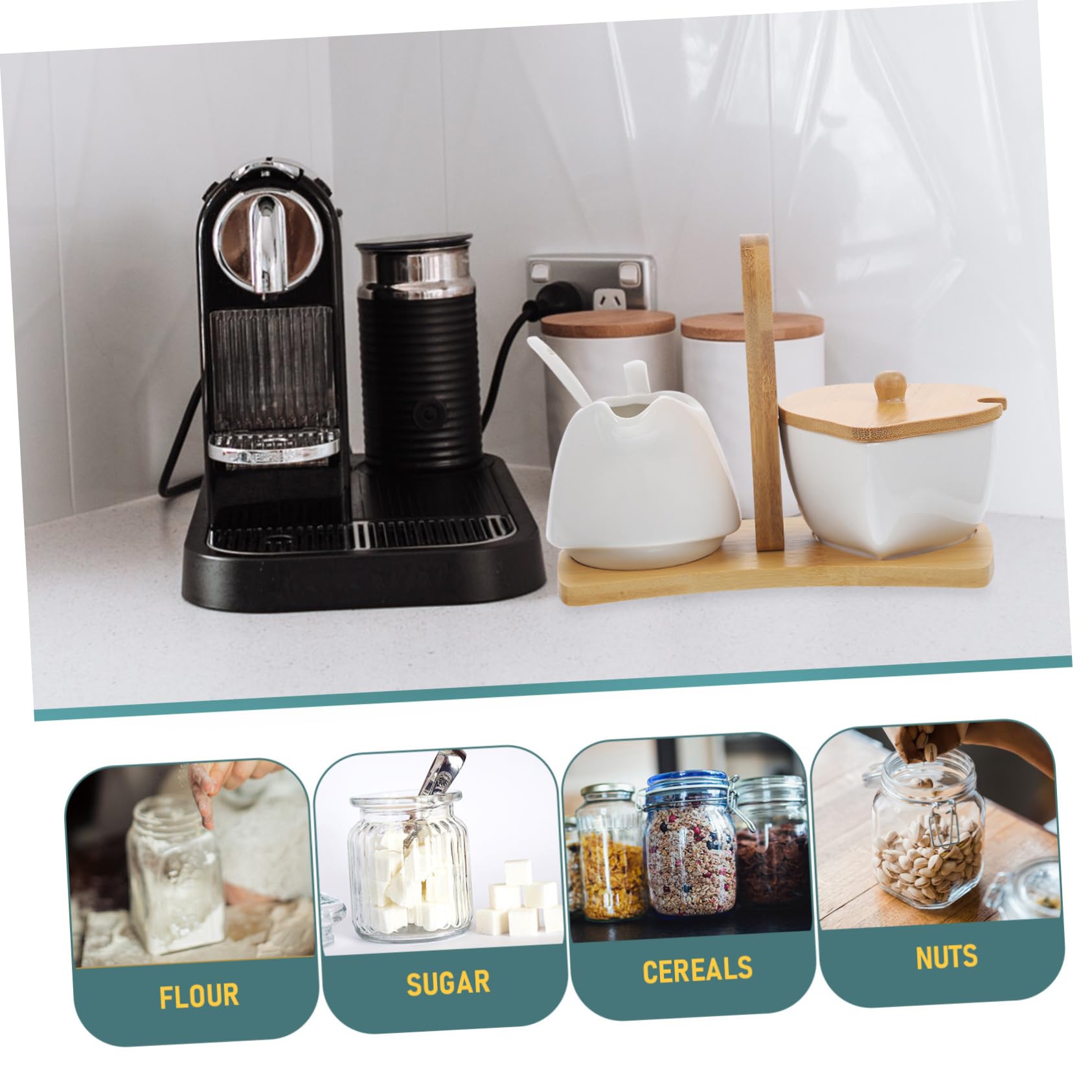 UKCOCO Azucarero y Jarra para Crema Cerámicos con Cucharilla y Bandeja de Bambú Juego para Simple y Elegante Material Cerámico Premium para Regalo y Decoración