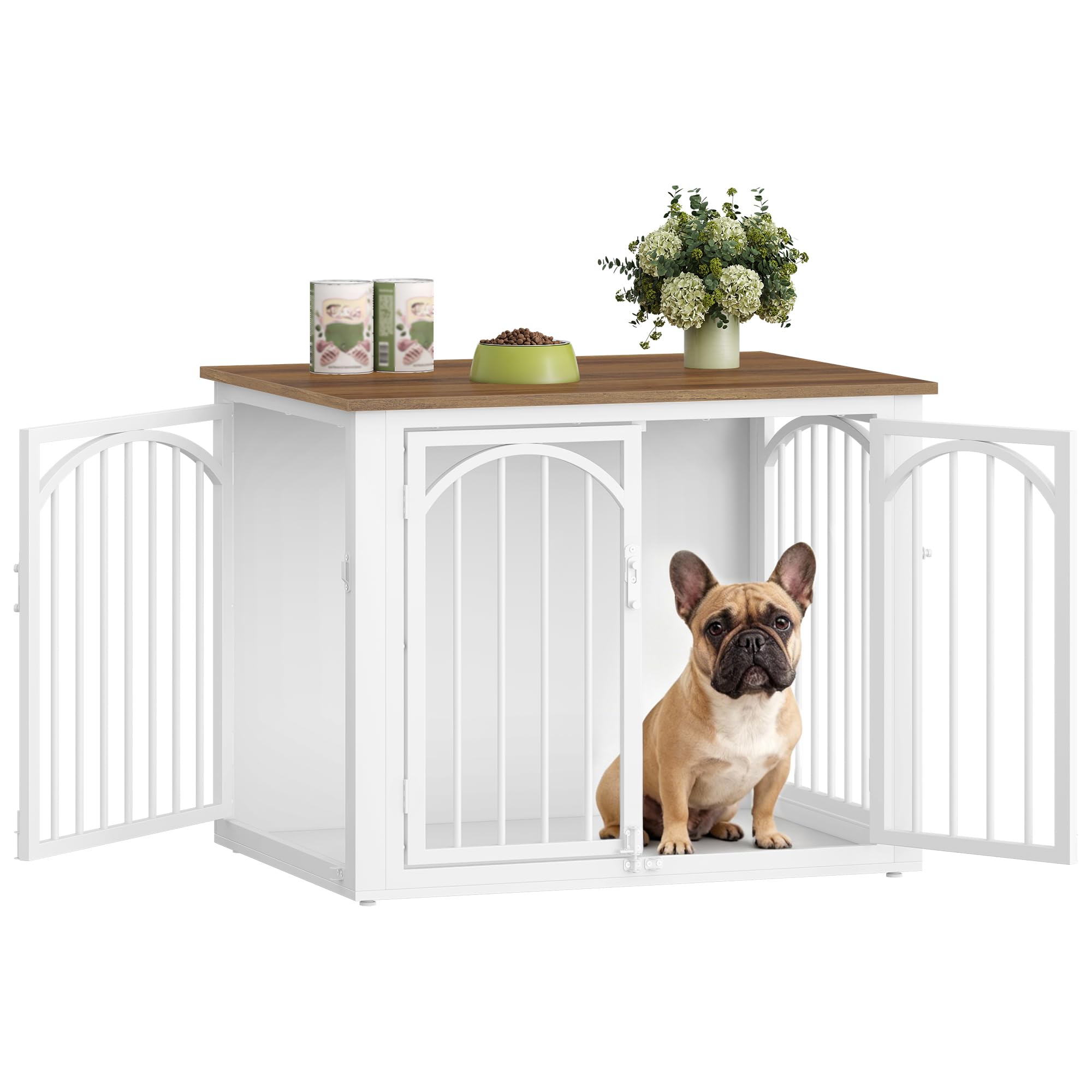 Fobyfurny Dog ​​Crate Furniture, 80cm 4-Door Wooden Dog Crate, End Side Table Animal Crates for Small to Medium-sized Dogs, Indoor Dogs Kennel, 80 L x 60 W x 63 H cm, Brown & White, FPDC001FWR1