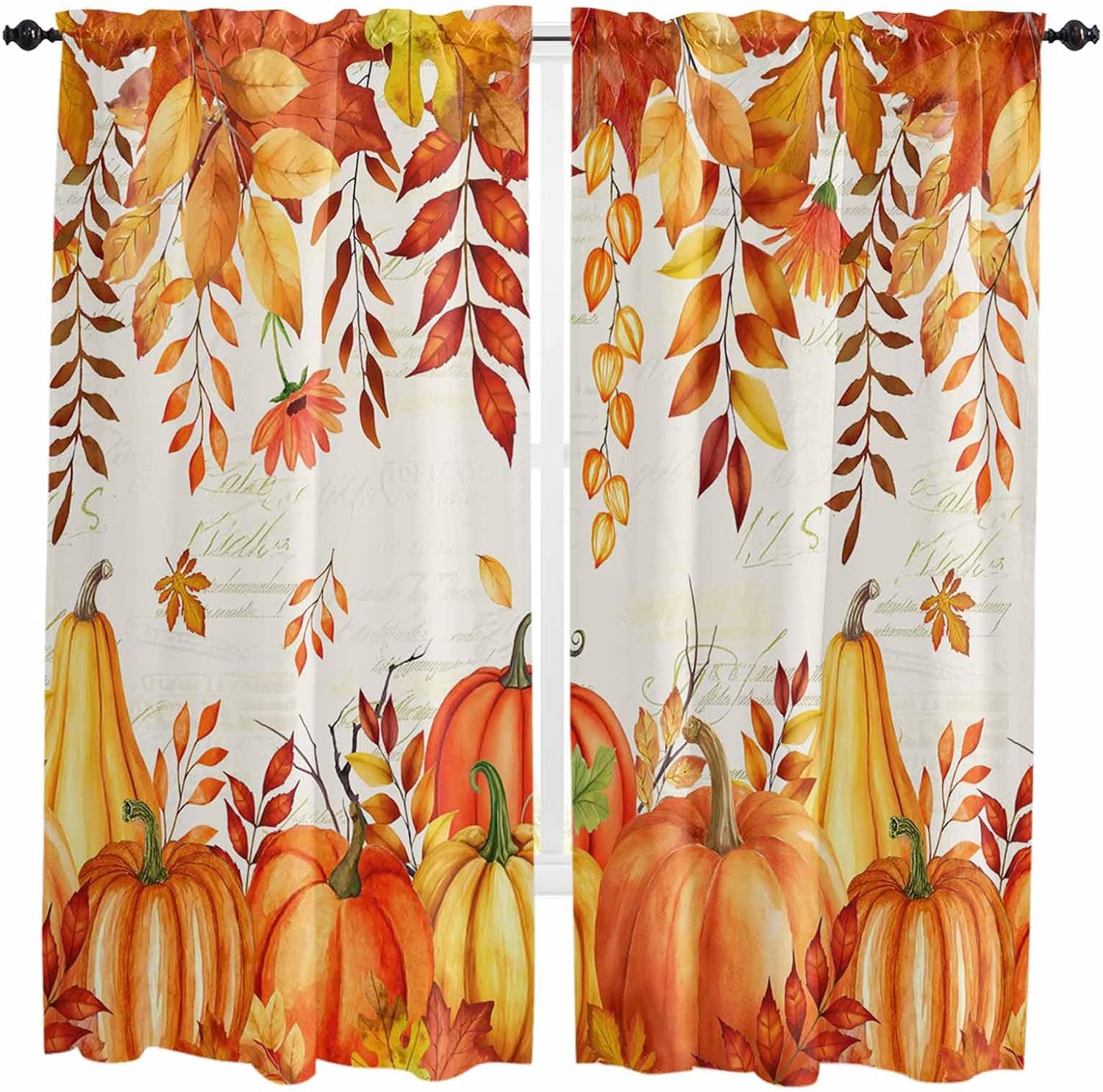 Orange Pumpkins Fall Kitchen Curtains, Thanksgiving Botanical Maple Leaves Falling Light Filter Window Curtain, 2Pcs Rod Pocket Window Treatments Set for Study Room Bathroom Bedroom 52x54 Inches