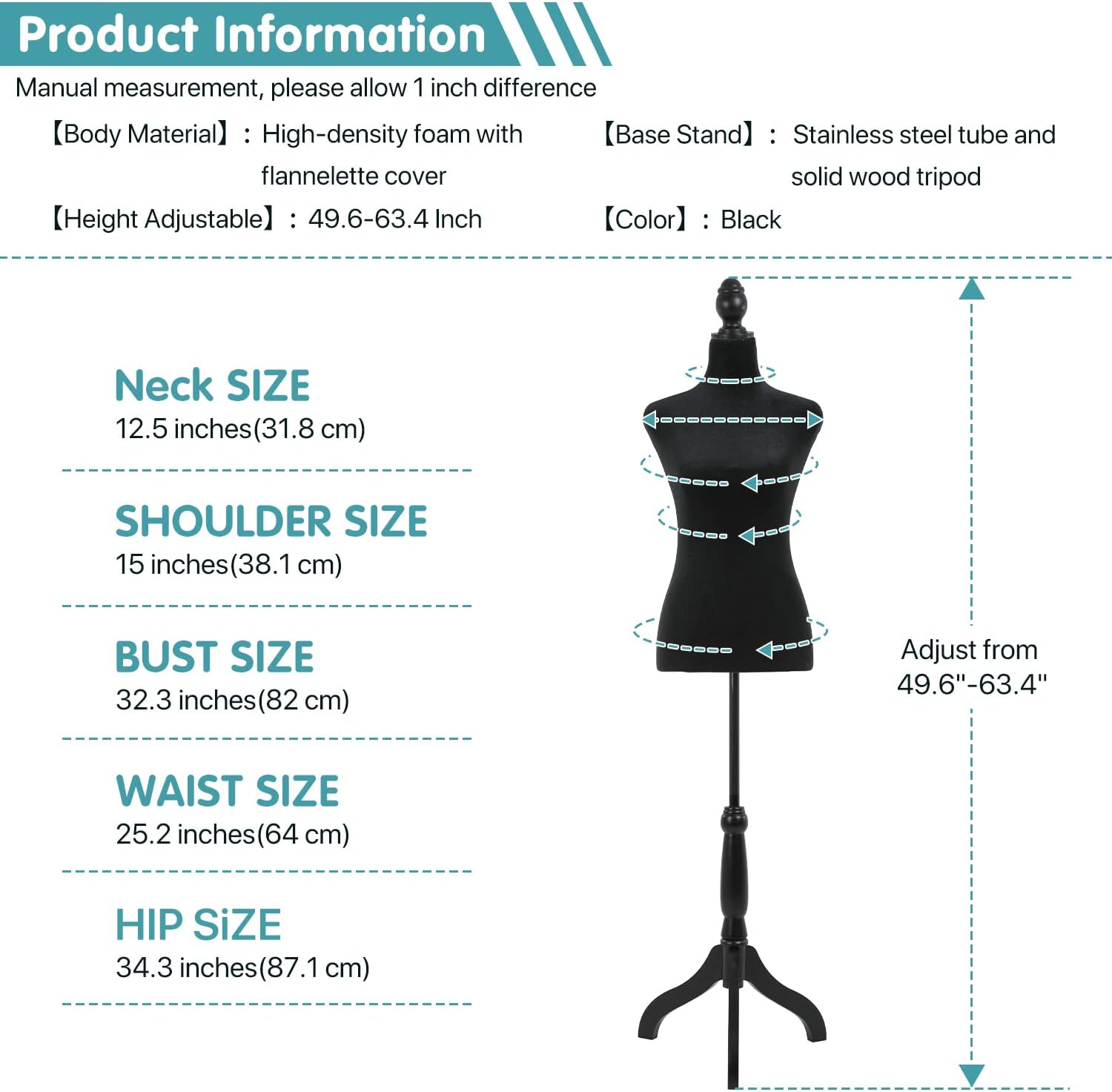 Female Mannequin Torso Dress Form Height Adjustable 49.6-63.4 Inch with Wooden Tripod Stand for Window Display Store Dress Jewelry Display Sewing (Black)