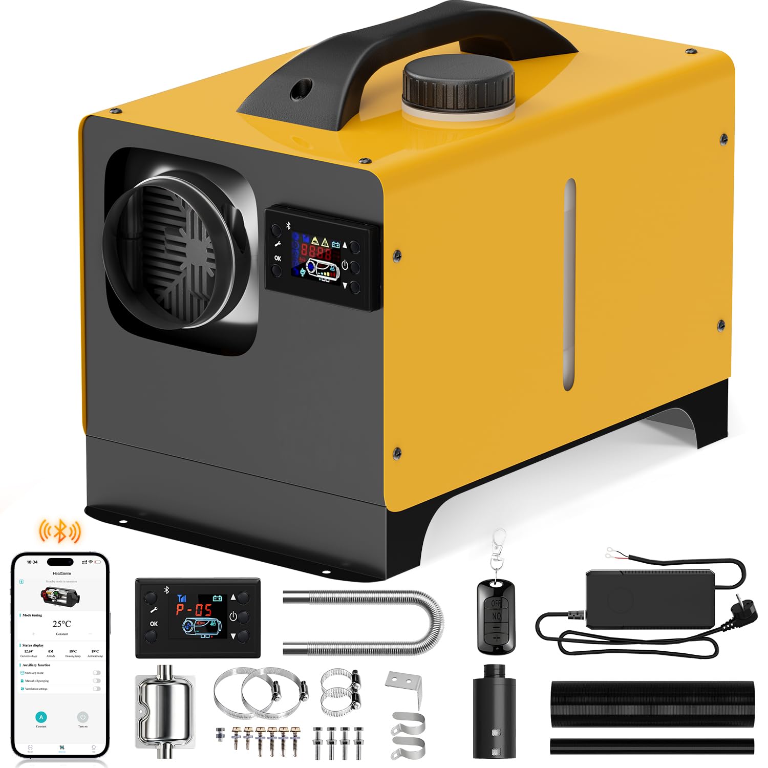 SOLAVERO Calefacción Diesel 5/8KW, 12V Calentador de aire Diesel 0,16-0,45L/h, con LCD, control Bluetooth y mando a distancia, control termostático inteligente, para autocaravanas, barcos y casas