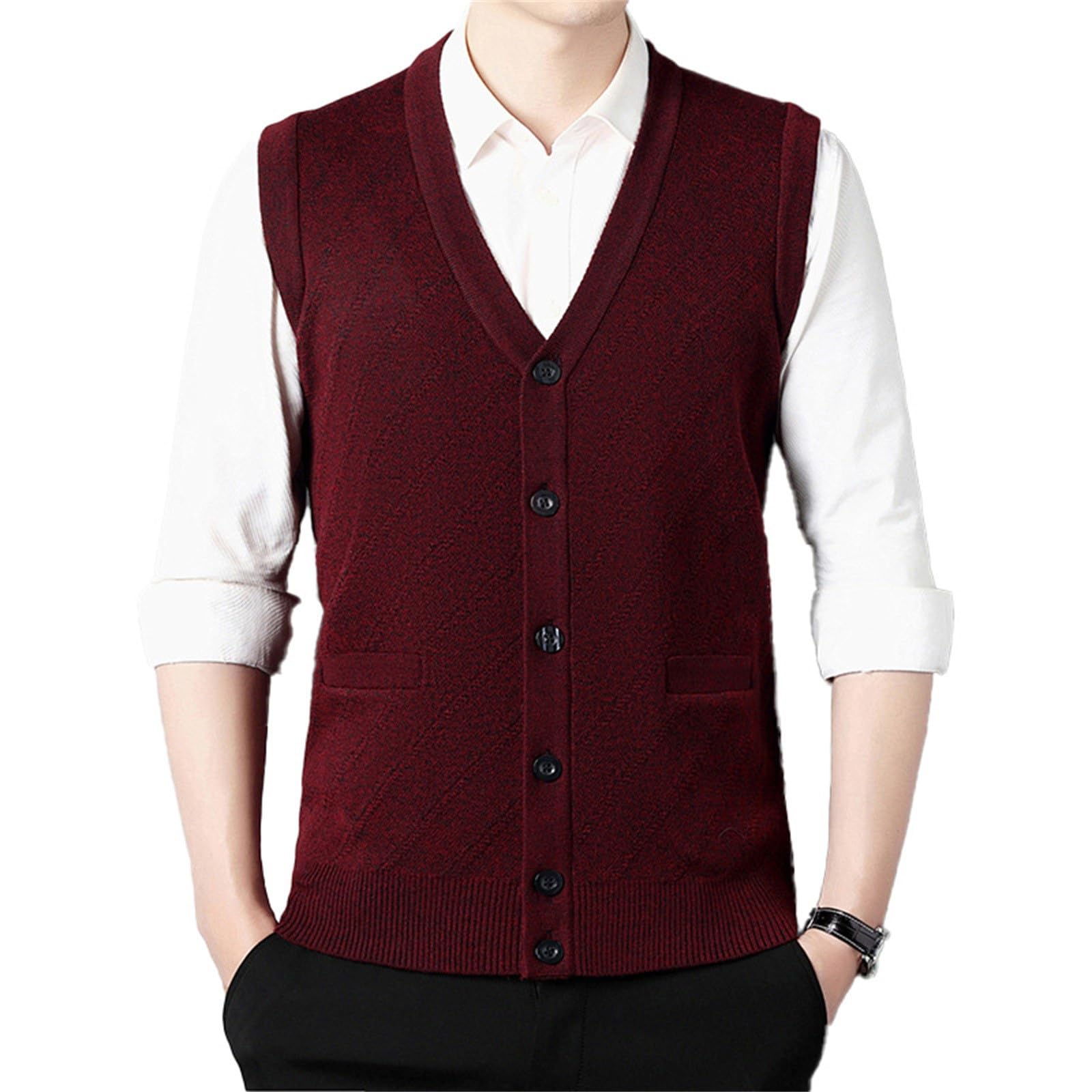 Generisch Chaleco de punto para hombre, sin mangas, patrón trenzado, mezcla de lana, chaleco sin mangas, suéter de punto, camisetas sin mangas, con botones, cómodo, clásico, cárdigan de punto grueso