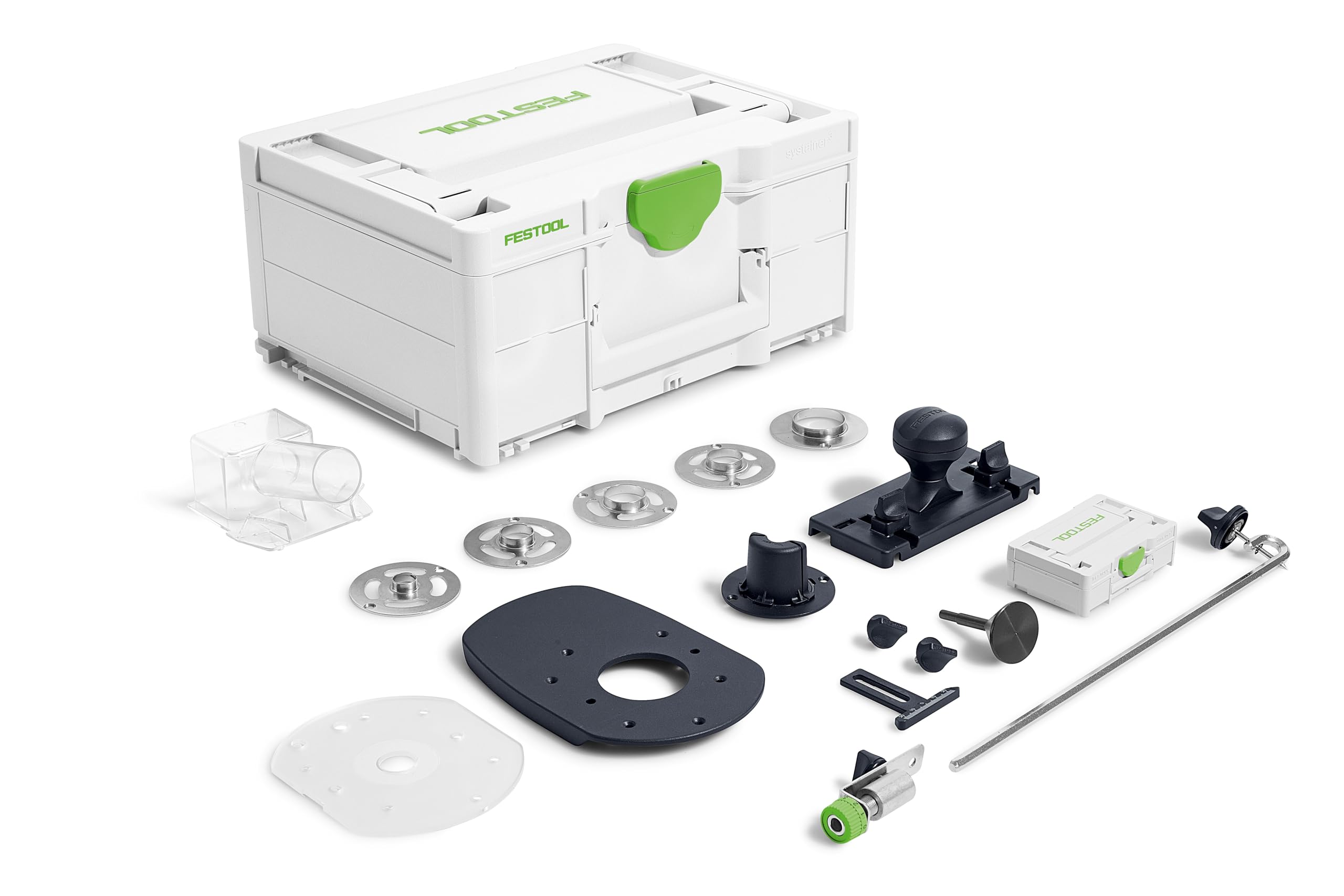 Festool ZS-OF 1010 M Set de Accesorios para Fresadora OF 1010 | Adaptador de carril guía, compás de varas, anillos copiadores, mandril de centrado y colector de virutas