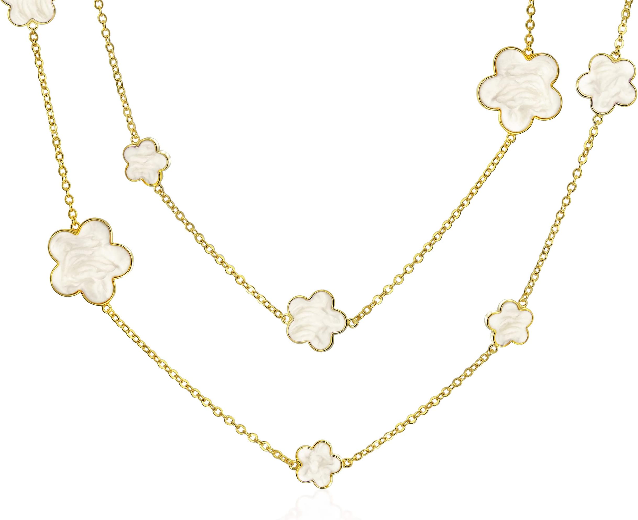 White Clover Flower Long Silver Plated Brass Station Tin Cup Chain Wrap Layer Necklace For Women 42 Inch
