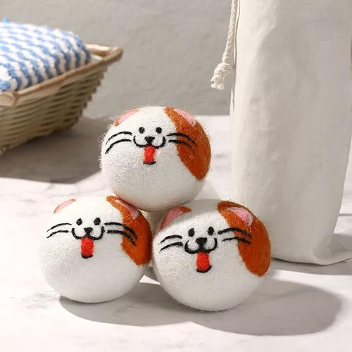 Miniatura 6 de Bolas de secado de lana XL, lindas bolas de secado hechas a mano con forma de cara de gato, reutilizables para lavandería, bola suavizadora de tela,