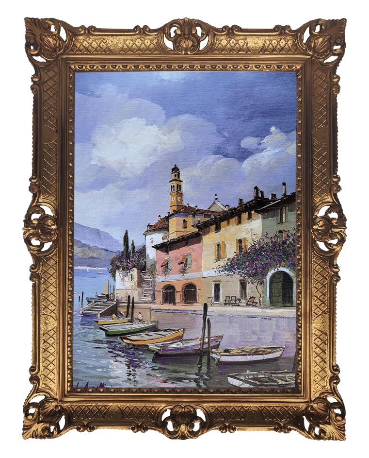 Tableau méditerranéen 90x70 L.Armellini avec cadre doré antique d'exception