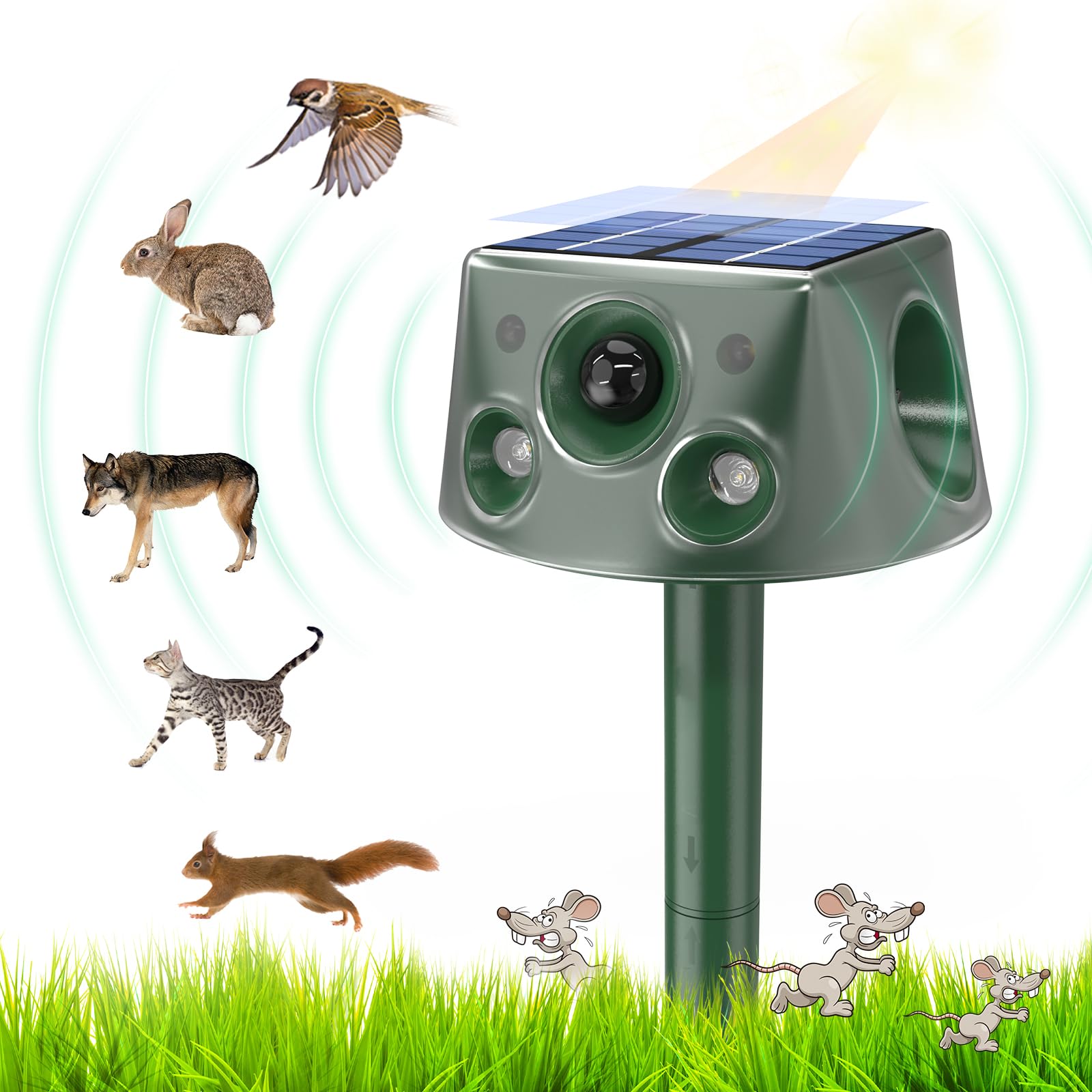 Ultrason Chat Exterieur, Repulsif Chat Ultrason, 5 Modi Einstellbar Marderschreck, Solarladung Ultrason Chat Exterieur, 360° Effektiv für Katzen, Hunde, Vögel, Mäuse