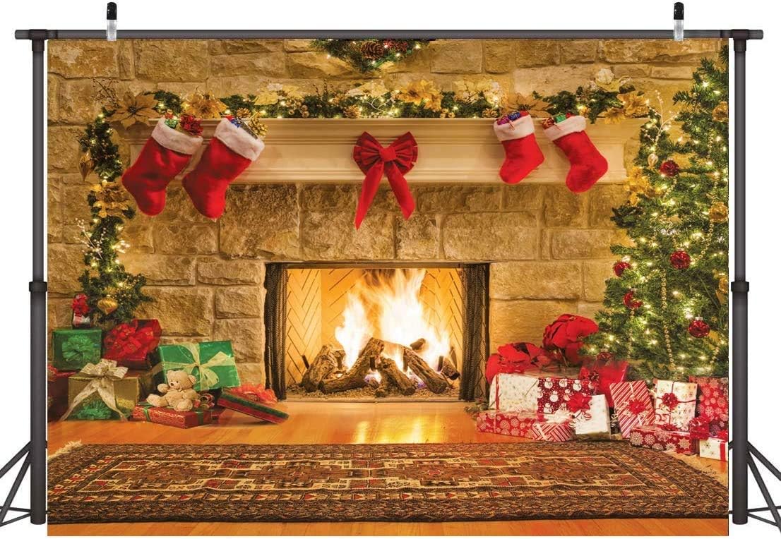 CYLYH 12x10ft Christmas Backdrops Christmas Fireplace Theme Backdrop Tree Sock Decorations for Xmas Party Supplies Photo Background Pictures Banner