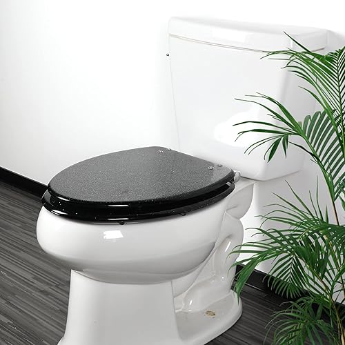 Miniatura 8 de Asiento de inodoro de resina alargado de cierre suave, asientos de inodoro resistentes de liberación rápida con cubierta de purpurina negra,
