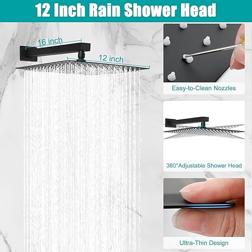 Miniatura 12 de SKOWLL Sistema de cabezal de ducha digital de 12 pulgadas, juego de mezclador de ducha de lluvia para baño, kit de grifo de ducha de montaje