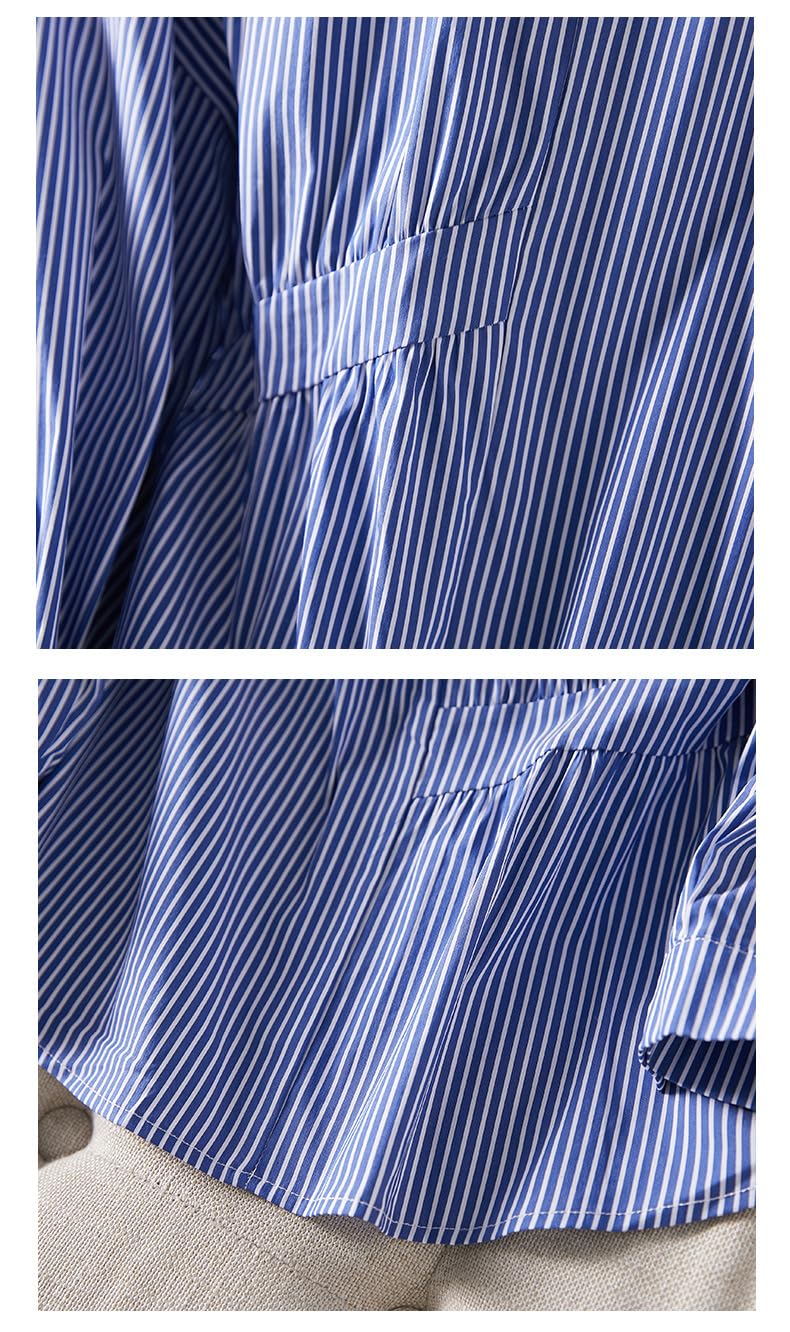 Camisas De Rayas De Manga Larga De Algodón para Mujer, Blusa Tipo Túnica De Gran Tamaño Azul con Solapa Y Botones, Dobladillo Irregular, Informal, Holgada, para Uso Diario Y De Verano.