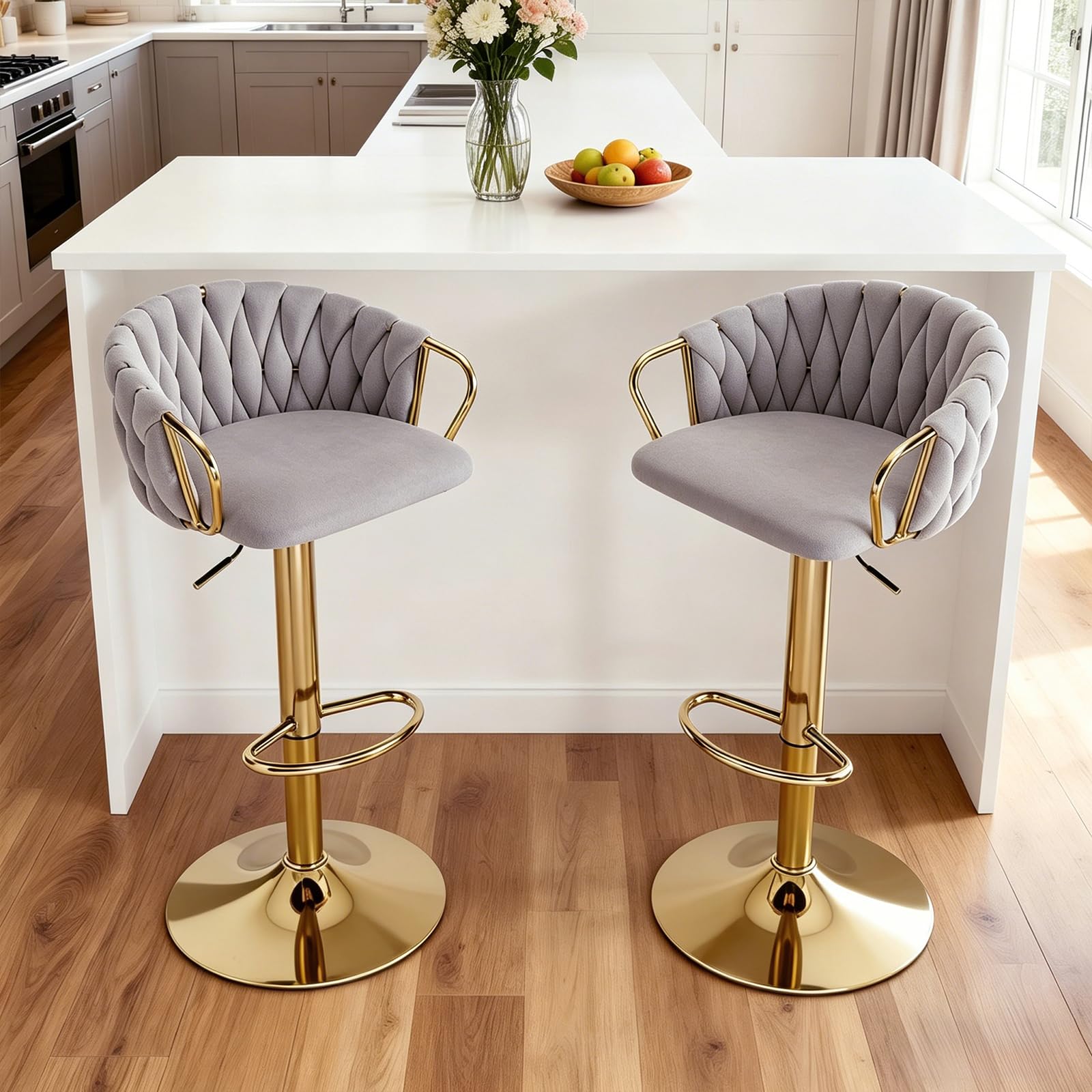 Relbiety Velvet Bar Stools Set of 2 Woven Backrest,Light Grey