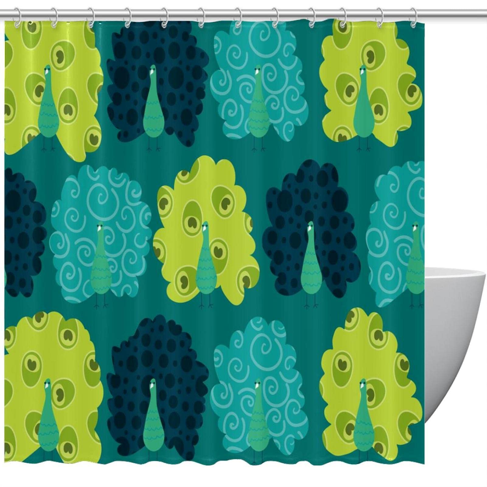 Rideau de douche en tissu paon vert et bleu anti-moisissure avec crochets