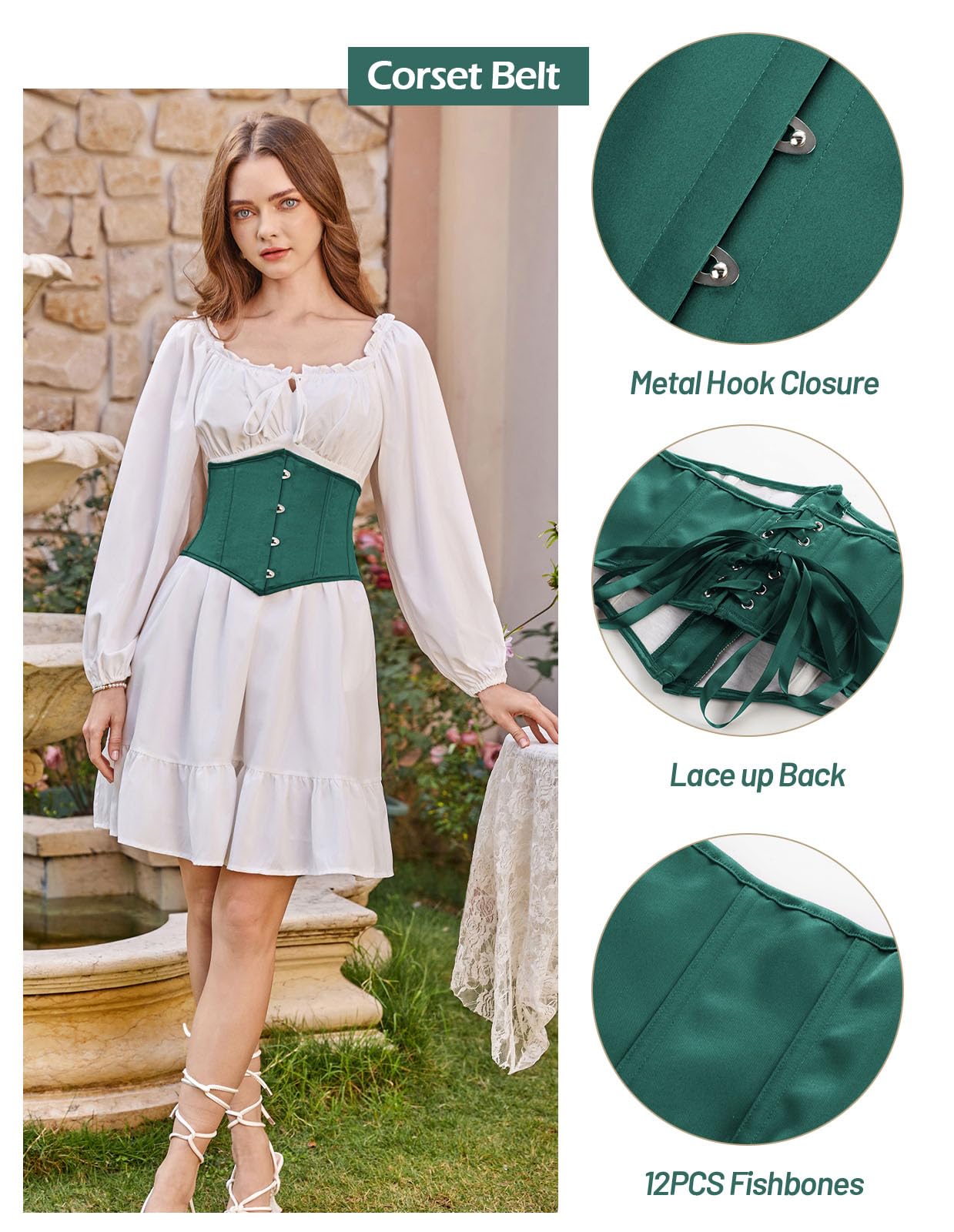 Scarlet Darkness Corset Belt for Women Fishbone Wide Waist Corset Pirate Belt: Foliage Green 10