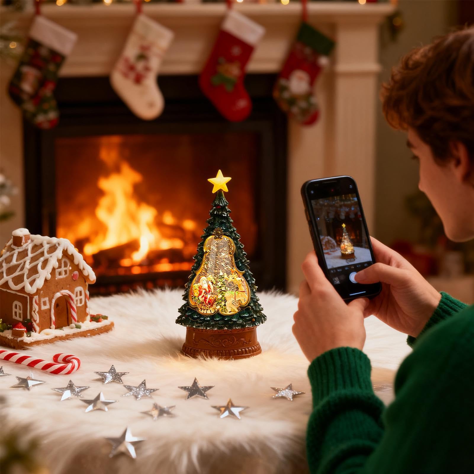 Boule À Neige De Noël USB Musical Minuterie de 6 Heures | Boule À Neige Lumineuse Pour La Table De Noël Pour Salon Chambre Manteau Étagère Rebord De Fenêtre Adolescents Adultes