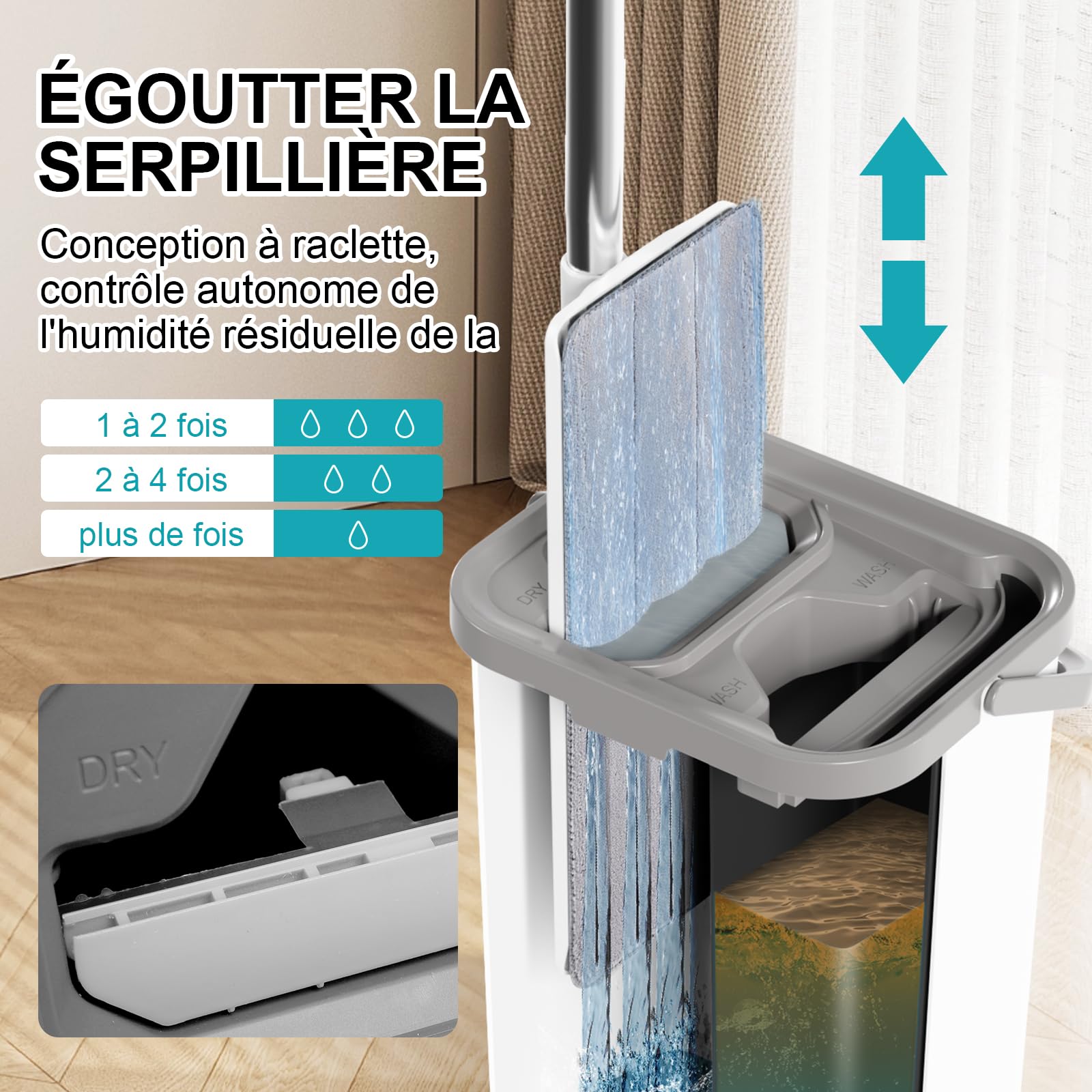 Masthome Serpillière Seau Essoreur 2 en 1, Balai Plat Microfibre avec Manche INOX 140cm, Tête Rotative 360°, 4 Recharges Réutilisables, Nettoyage Hygiénique pour Tous Sols