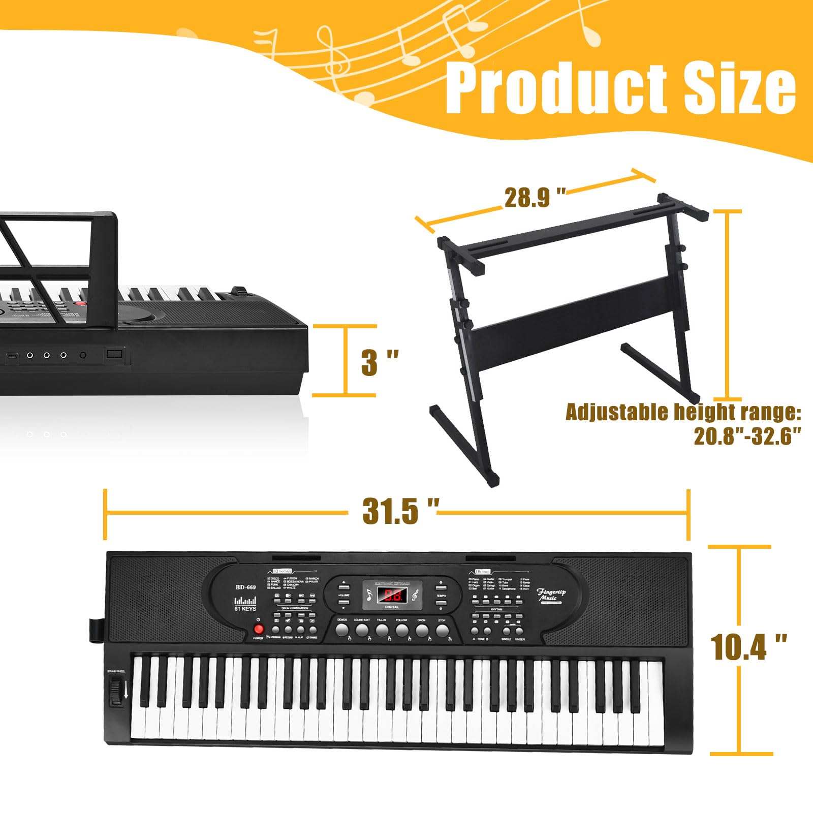 61 Key Keyboard Piano with Stand, Portable Electric Piano Keyboard Kit for Beginners with Stand, Microphone,Note Stickers, Music Rest, Digital Music Keyboard Built-In Speakers