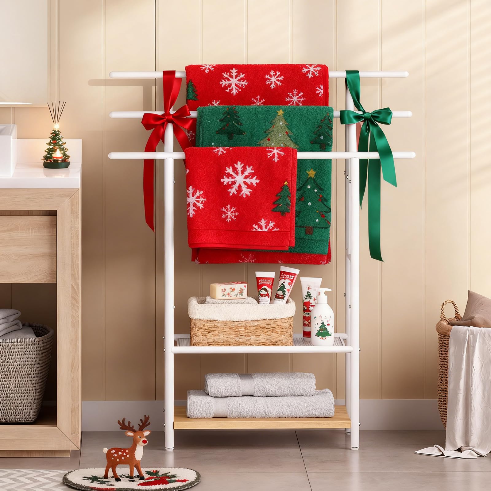 HOOBRO Porte-Serviettes sur Pieds avec 3 Barres, Support Salle de Bain, Blanc et Bois EWN05LB01
