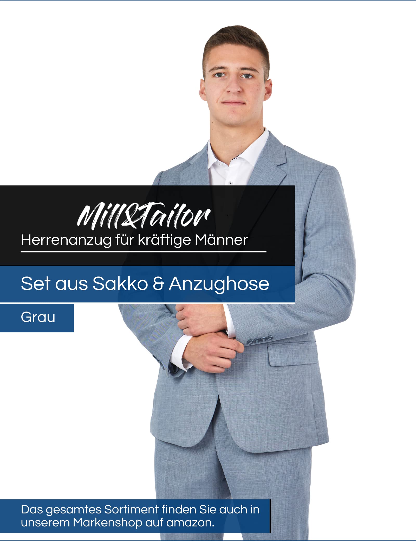 Mill&Tailor Herren Anzug in Grau I Modern & sportlich I Sakko & Anzughose I 2-teiliger Anzug für Männer I Übergrößen gerechte Passform