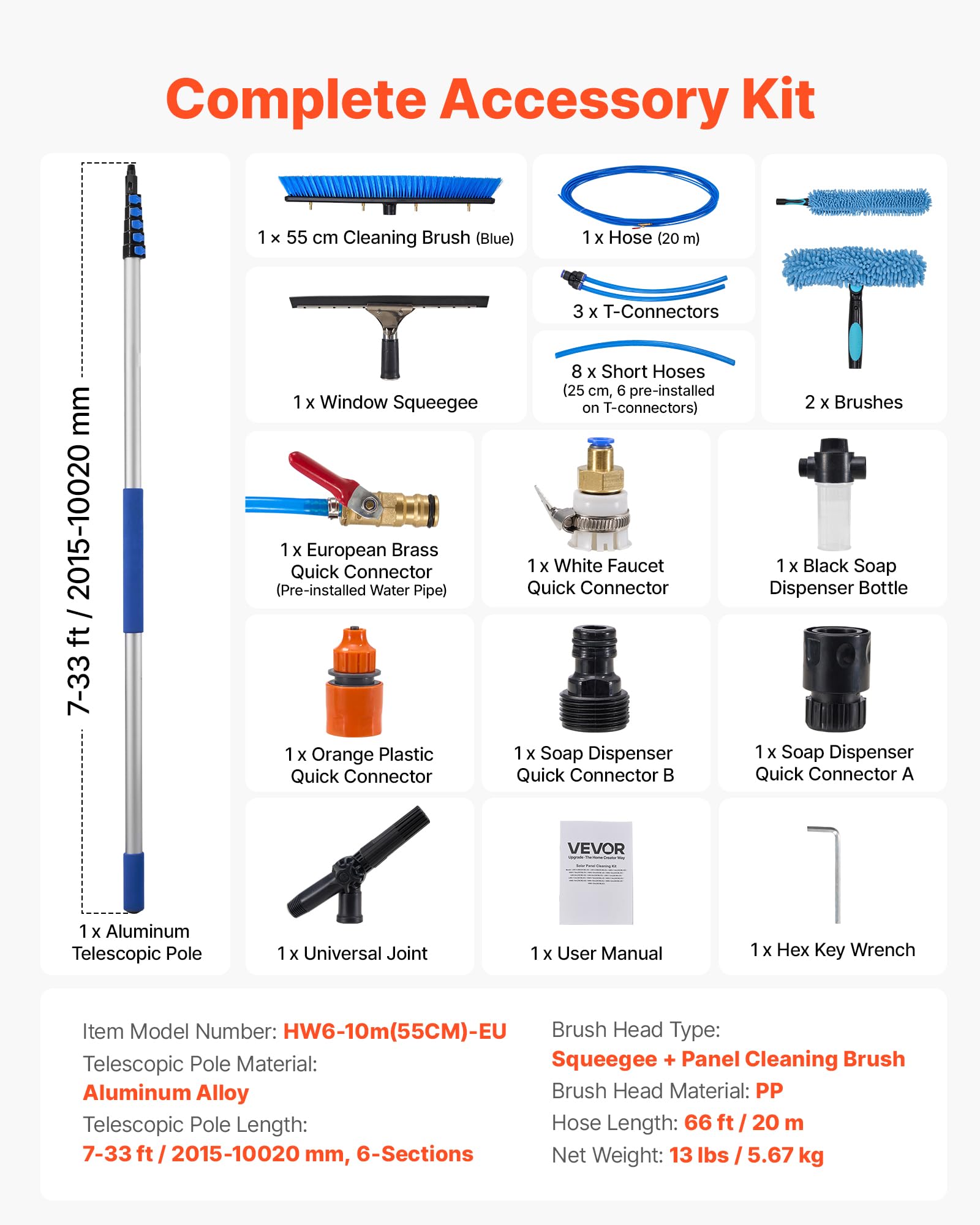 VEVOR Kit di Pulizia per Pannelli Fotovoltaici, 10 m, Spazzola 2 in 1 con Asta Telescopica in Alluminio per Lavaggio di Pannelli Solari, con Tergivetro, Dispenser di Sapone, Testa Ruotabile a 180°