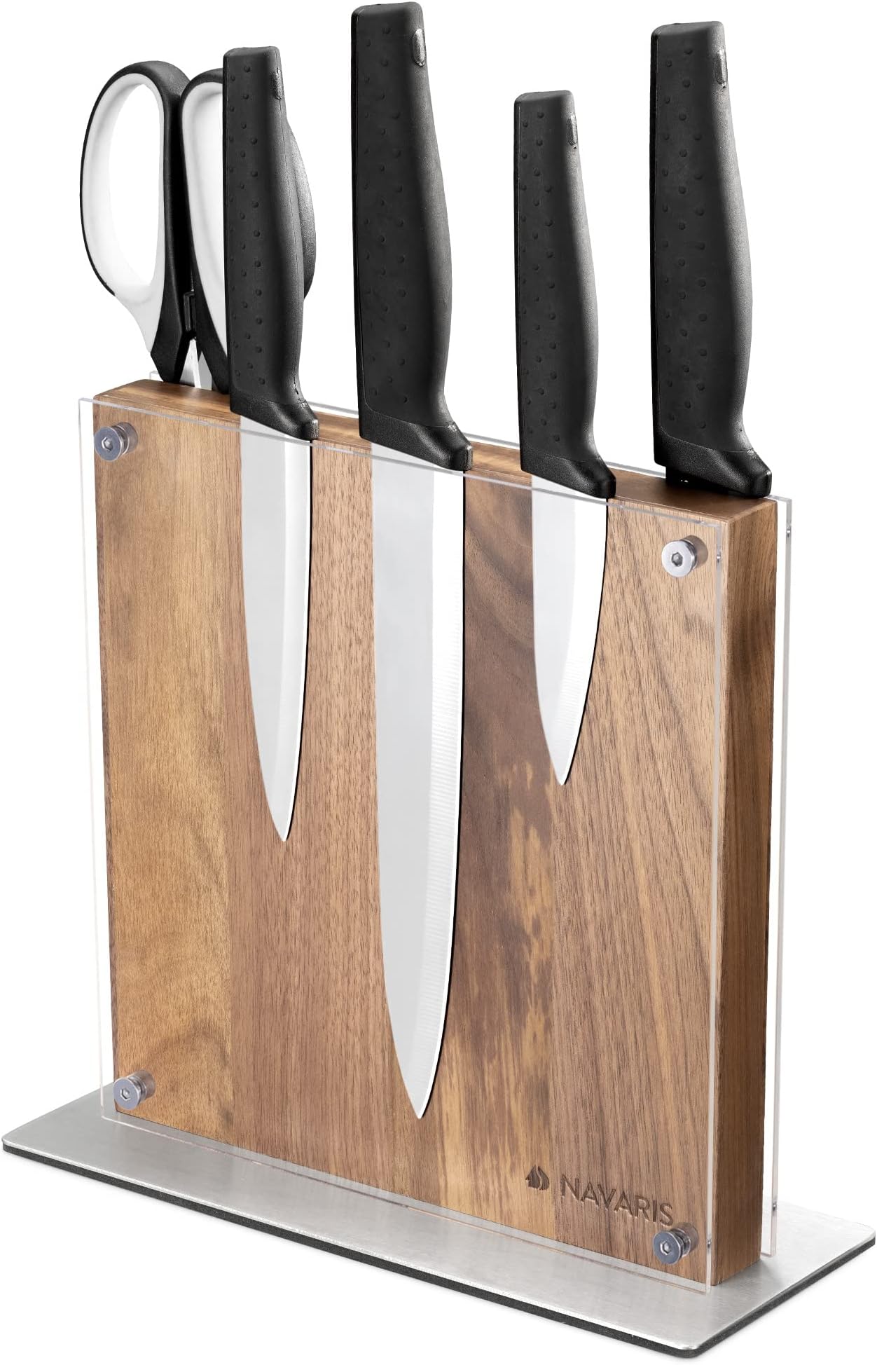 Navaris Wood Magnetic Knife Block - Double Sided Wooden Magnet Holder Board Stand for Kitchen Knives Utensils w/Acrylic Guard - Acacia 22.3 x 22 cm
