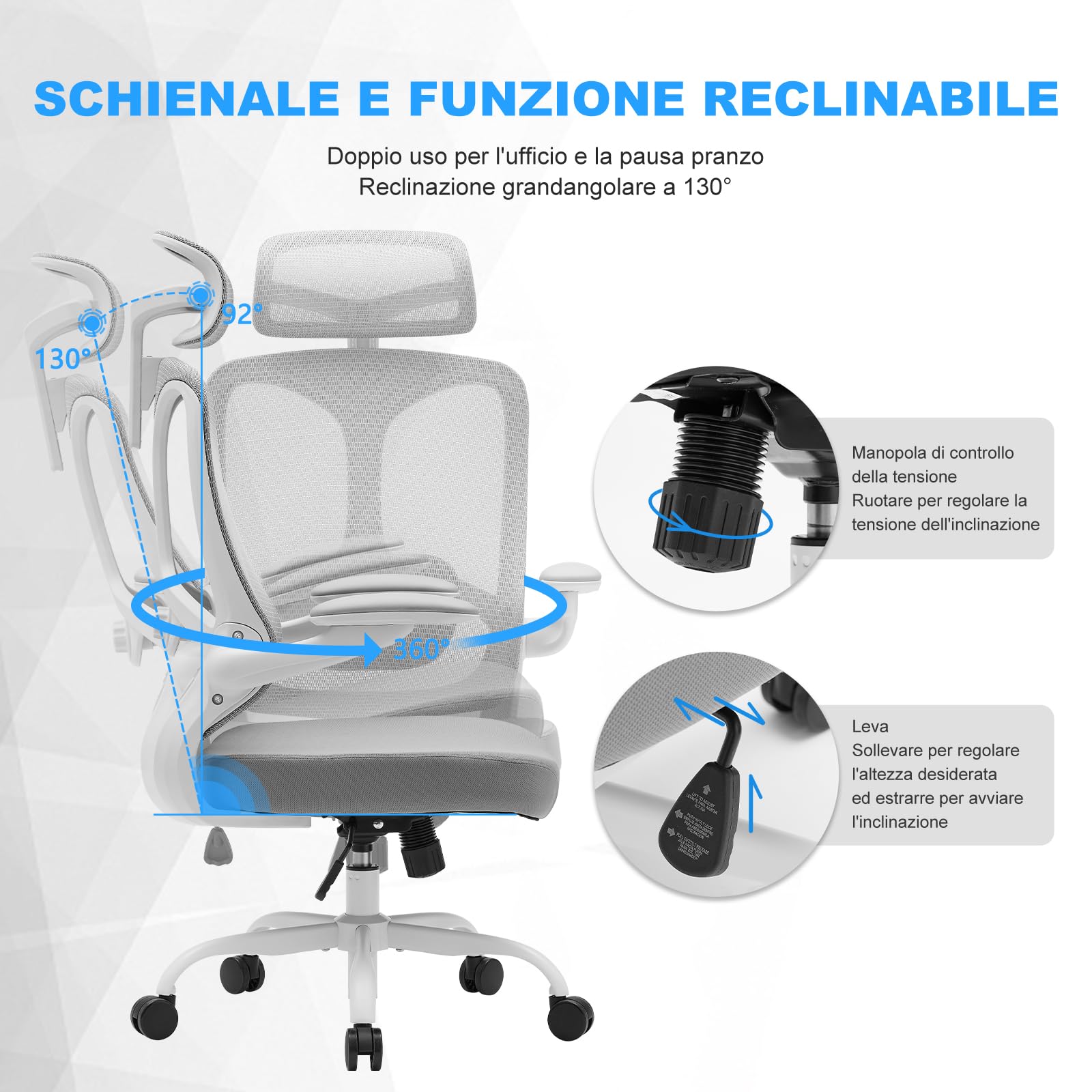 Magic Life Sedia da ufficio ergonomica,Sedia con poggiatesta 2D in rete con schienale alto, supporto lombare confortevole, braccioli regolabili (Bianco)