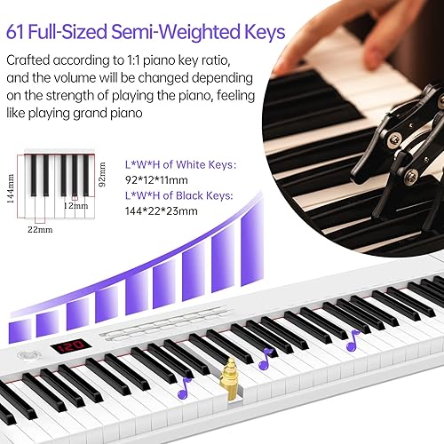 Miniatura 3 de TERENCE Piano de teclado con 61 teclas semipesadas pantalla LCD y batería de 1800 mAh, interfaz USB MIDI y aplicación de piano con soporte de