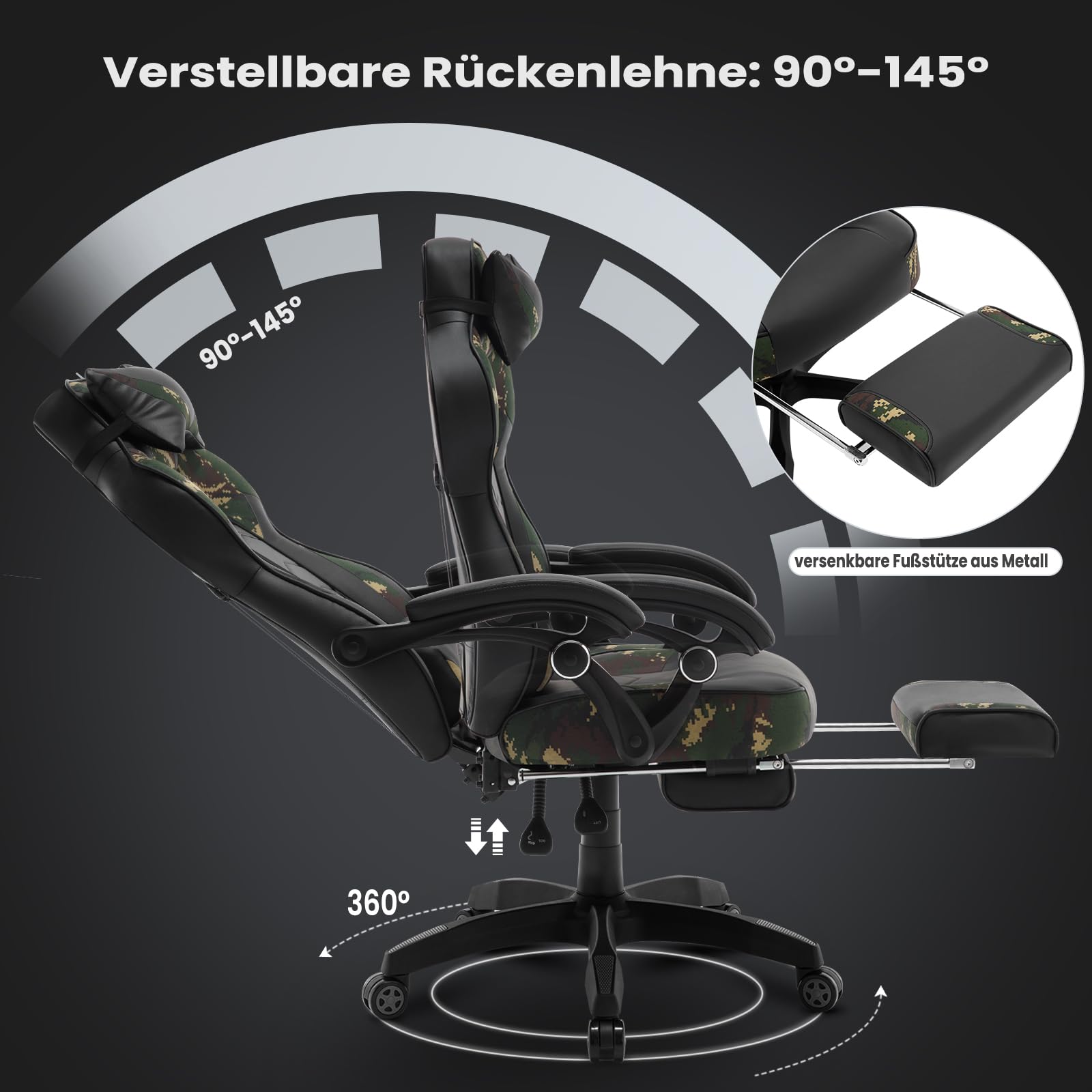 WOLTU Chaise Gaming, Chaise Bureau Ergonomique en PU Cuir, Fauteuil Gaming avec Repose-Pieds, Pivotante Grand Dos & Grand Siège pour Personne Lourde, Livestream Siege Gamer, Camouflage