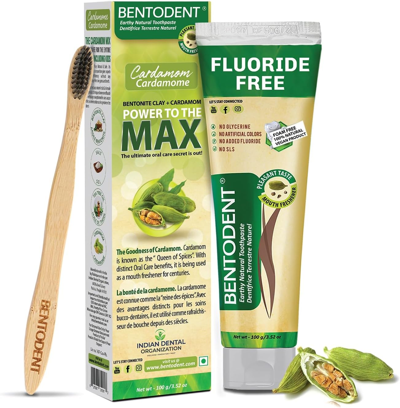 Bentodent 100% Organic Toothpaste with Toothbrush & Natural Cardamom Essential Oil, Gentle Herbal Formula for Kids & Family, Hypoallergenic, Fresh Breath Protection- (Cardamom Toothpaste+Toothbrush)