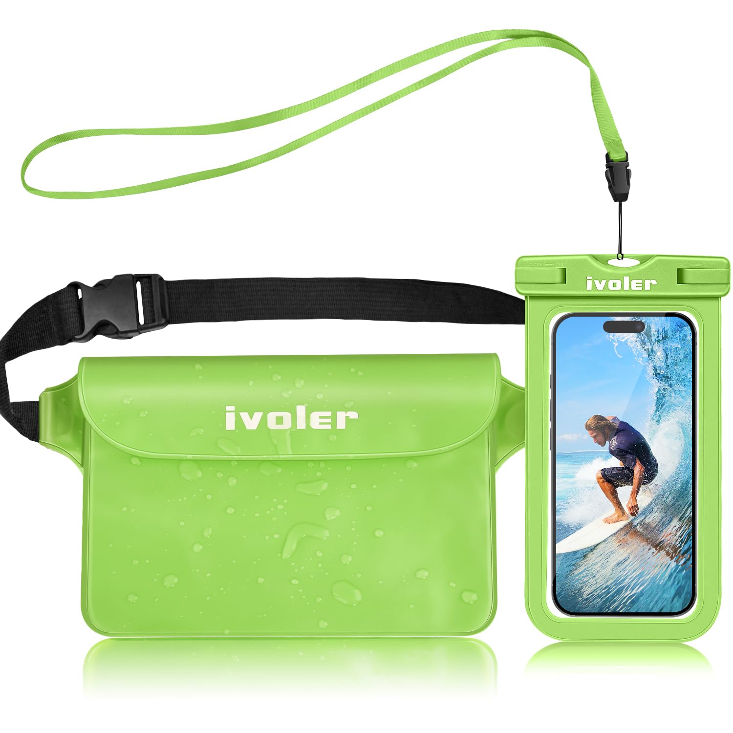 iVoler Kit Impermeabile con Borsa Marsupio e Custodia Smartphone IPX8 per Sport Acquatici Pesca Vela Sci Mare Escursione, Protezione per Cellulare Portafoglio Documenti - Verde