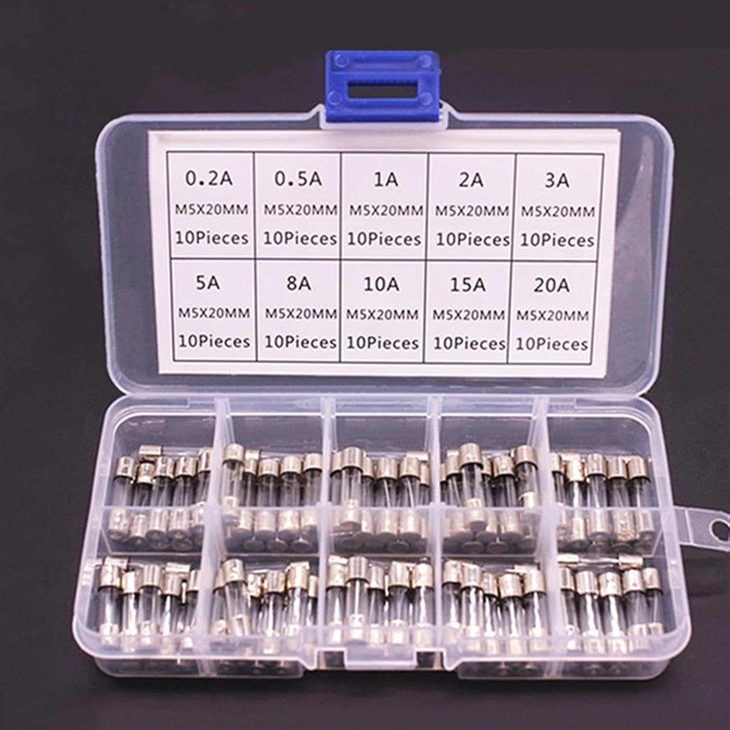 Fuse 100/72pcs Car Fast-Blow Glass Fuses Car Glass Tube Fuses 0.2-20A 0.5-30A Assorted Kit for Car Light Inflator Vacuum Cleaner (Color : 100pcs)