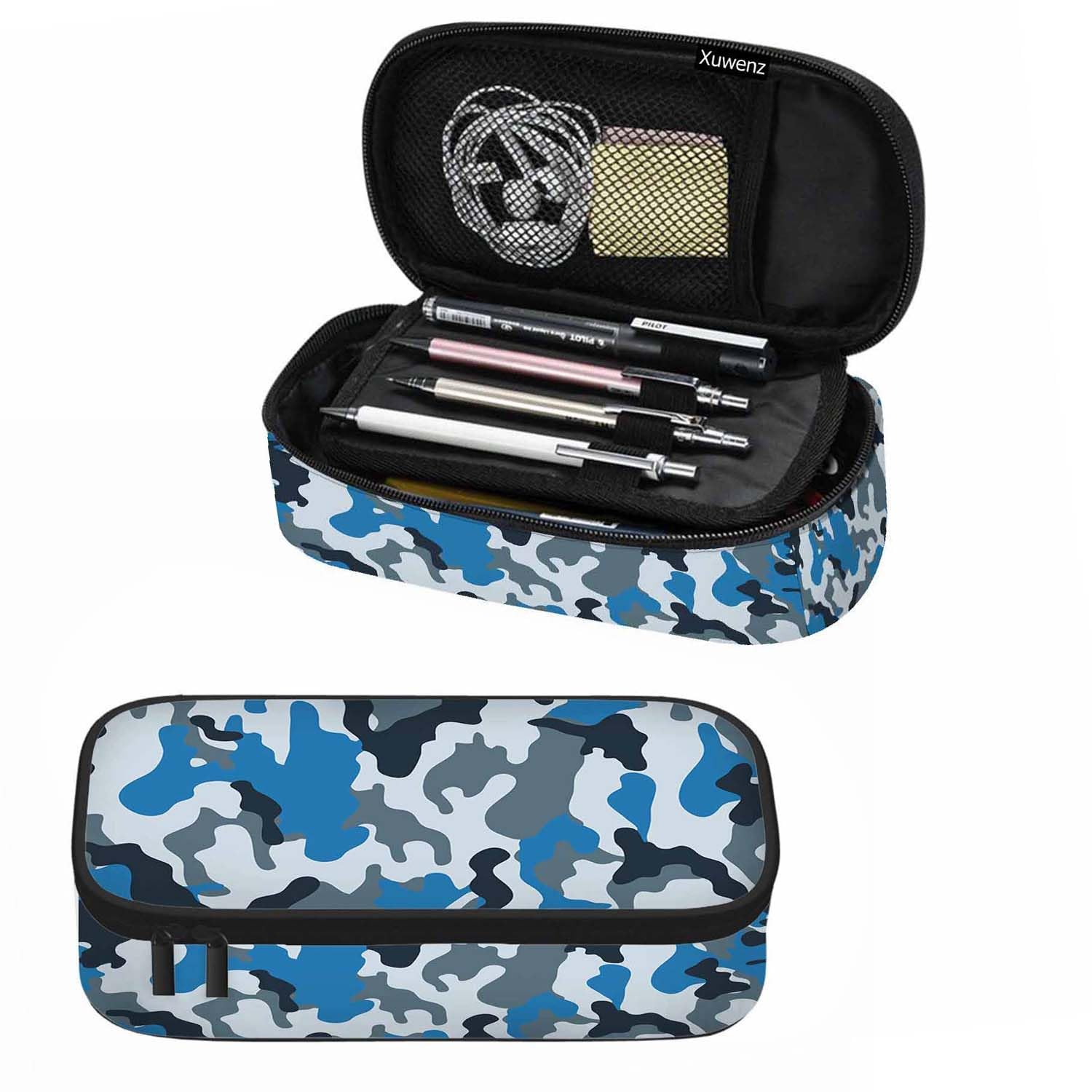 Xuwenz Camouflage Pencil Case Blue Gray Classic Style Pencil Bag Pouch Box Organizer for College School Students Boy Girl