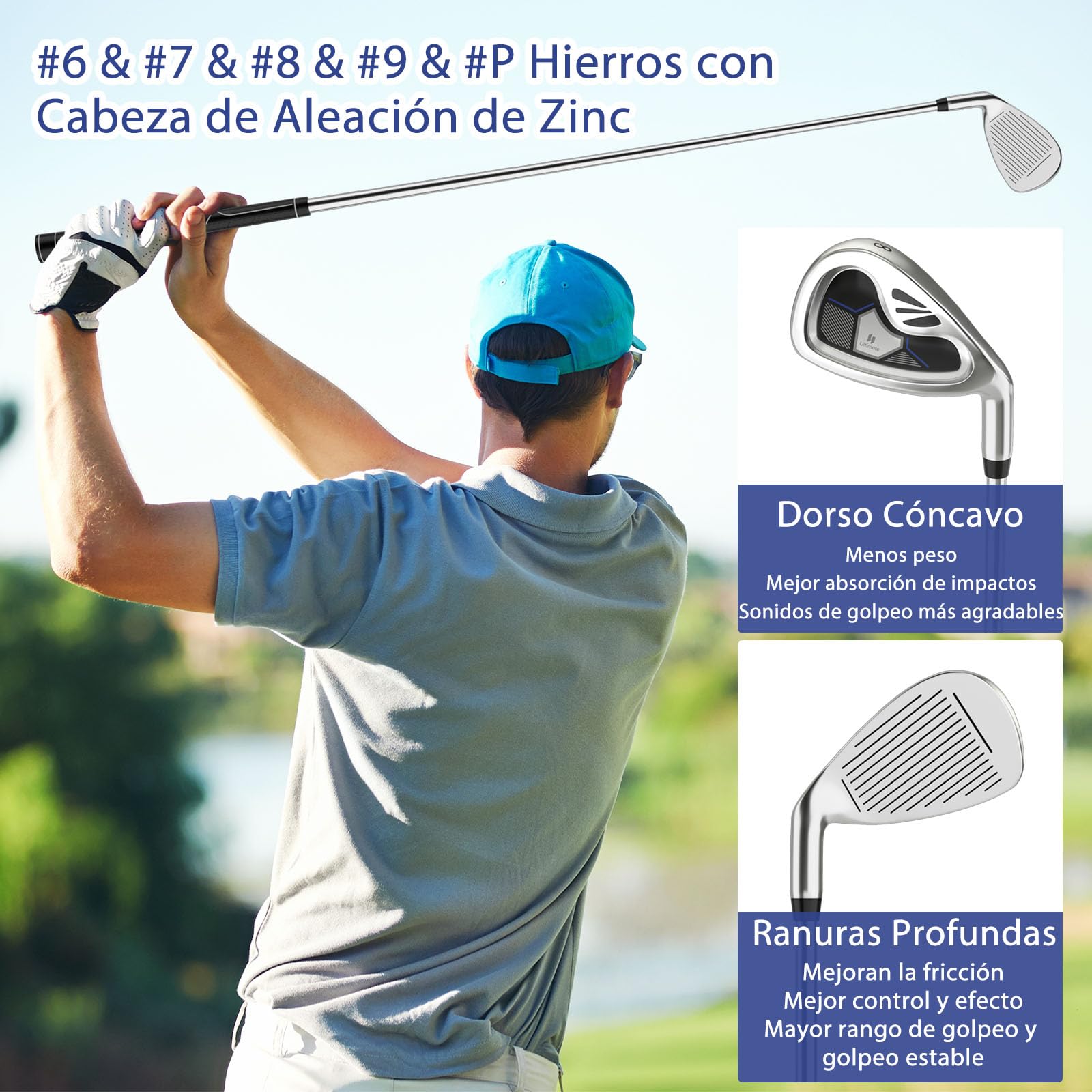 COSTWAY Juego Completo de Palos de Golf de 9 Piezas para Hombre, Driver De Aleación, Madera de Calle 3#, Híbrido 4#, Hierros 6#, 7#, 8#, 9# Y P#, Putter y Fundas para Cabeza