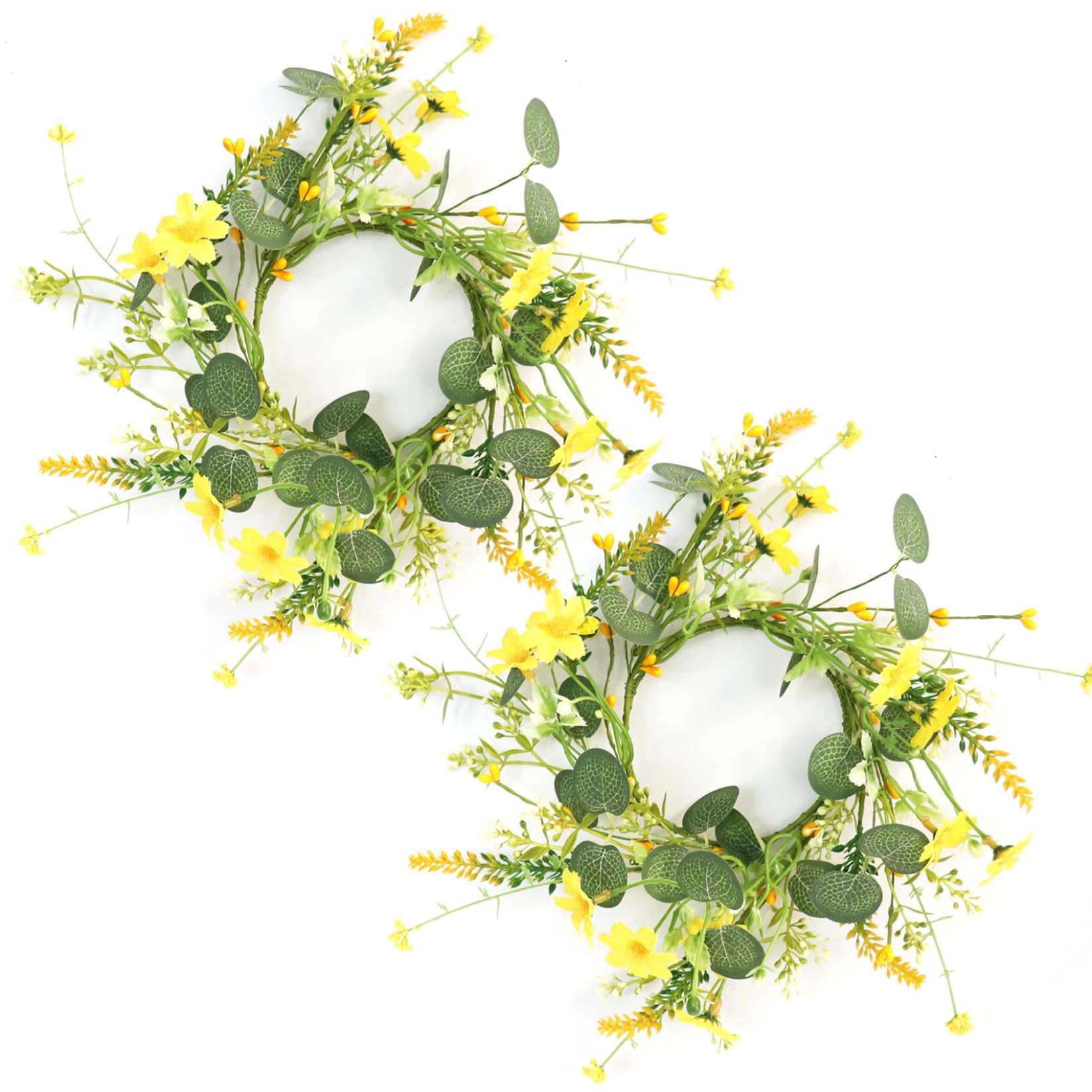 Spring Candle Rings 2 Pack Artificial Floral Wreath with Yellow Daisies & Eucalyptus for Candle Tabletop Wall Decor Farmhouse Home Decor Spring Rings, Wreath, Ri