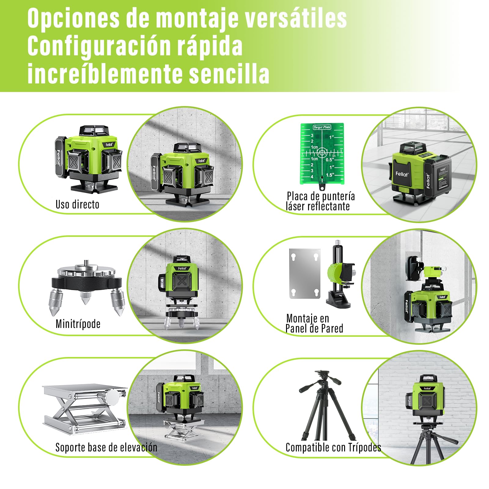 Nivel Láser, FELLAT 4x360° Nivel Laser Autonivelante, Nivel Láser Verde con 2x4800 mAh Batería Recargable, Control Remoto, Soporte Magnético, Estuche acolchado, para Diseño de Mejoras de Hogar