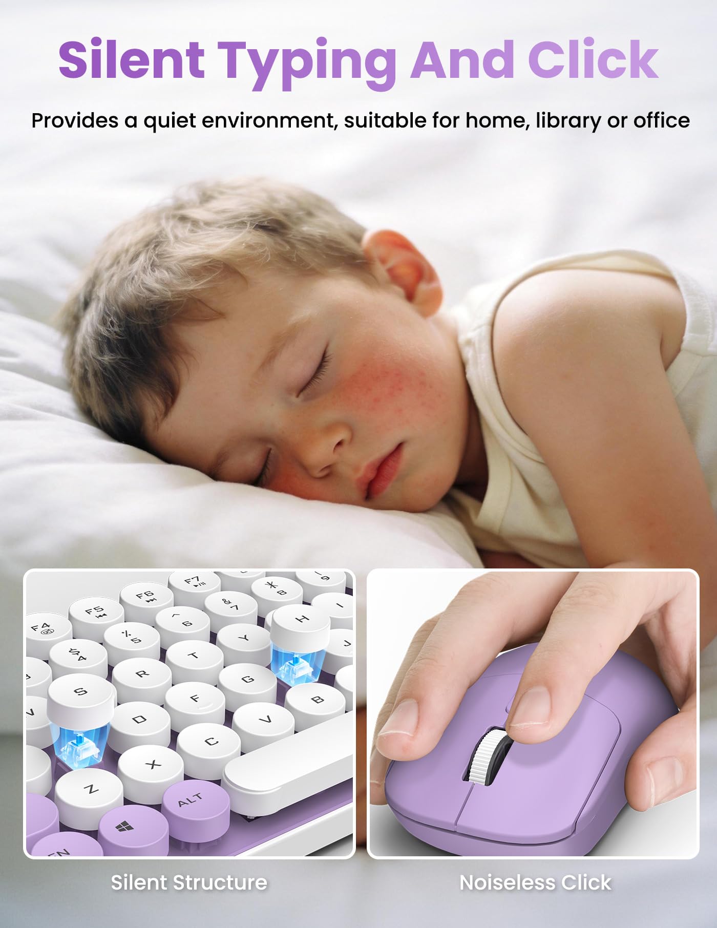 SOPPY Tastiera wireless e mouse combinata, tasti rotondi, tastiera retrò a 85 tasti, modalità Bluetooth/2,4 GHz, compatta ed ergonomica, compatibile con PC/desktop/laptop/Windows, layout USA, viola