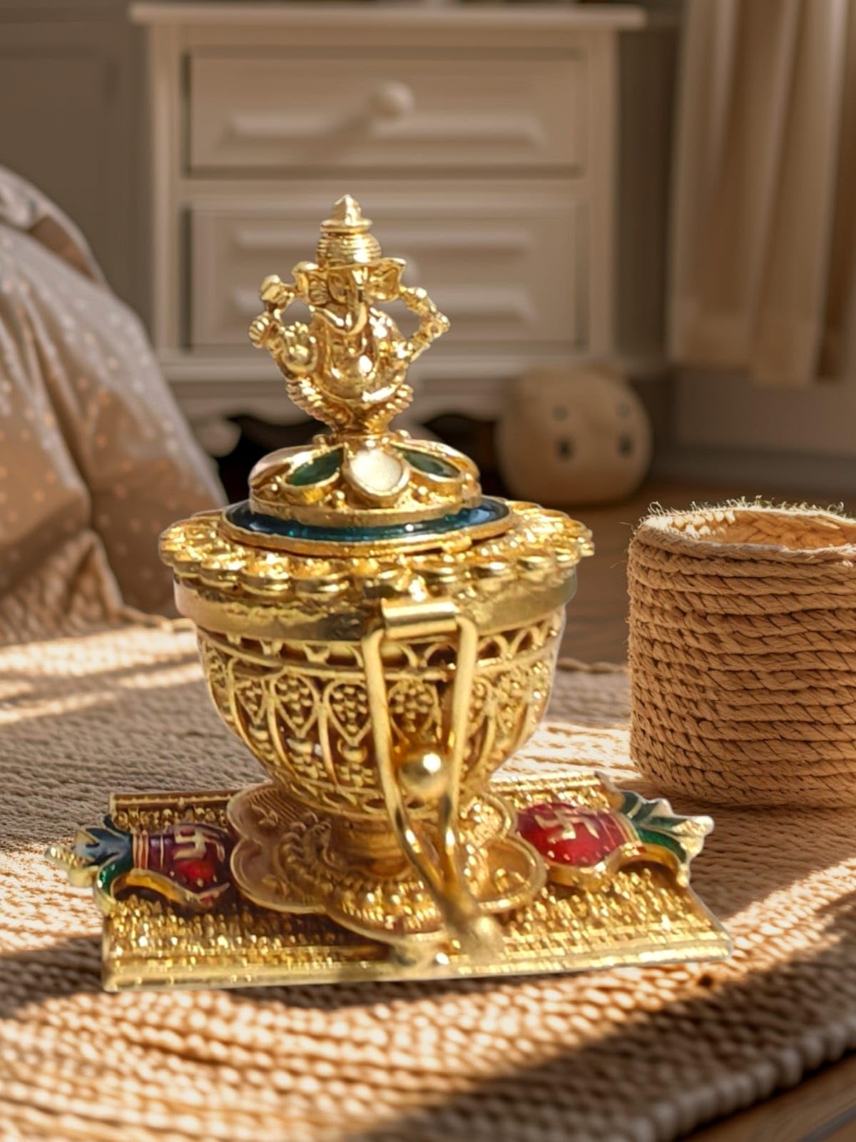 Denique Brass Sindoor Box Gold Plated Sidoor Box Gold sindoor box/Wedding Gift/Pooja Accessory/Kumkum box (Ganesha Kempu Sqwer Stand) 2
