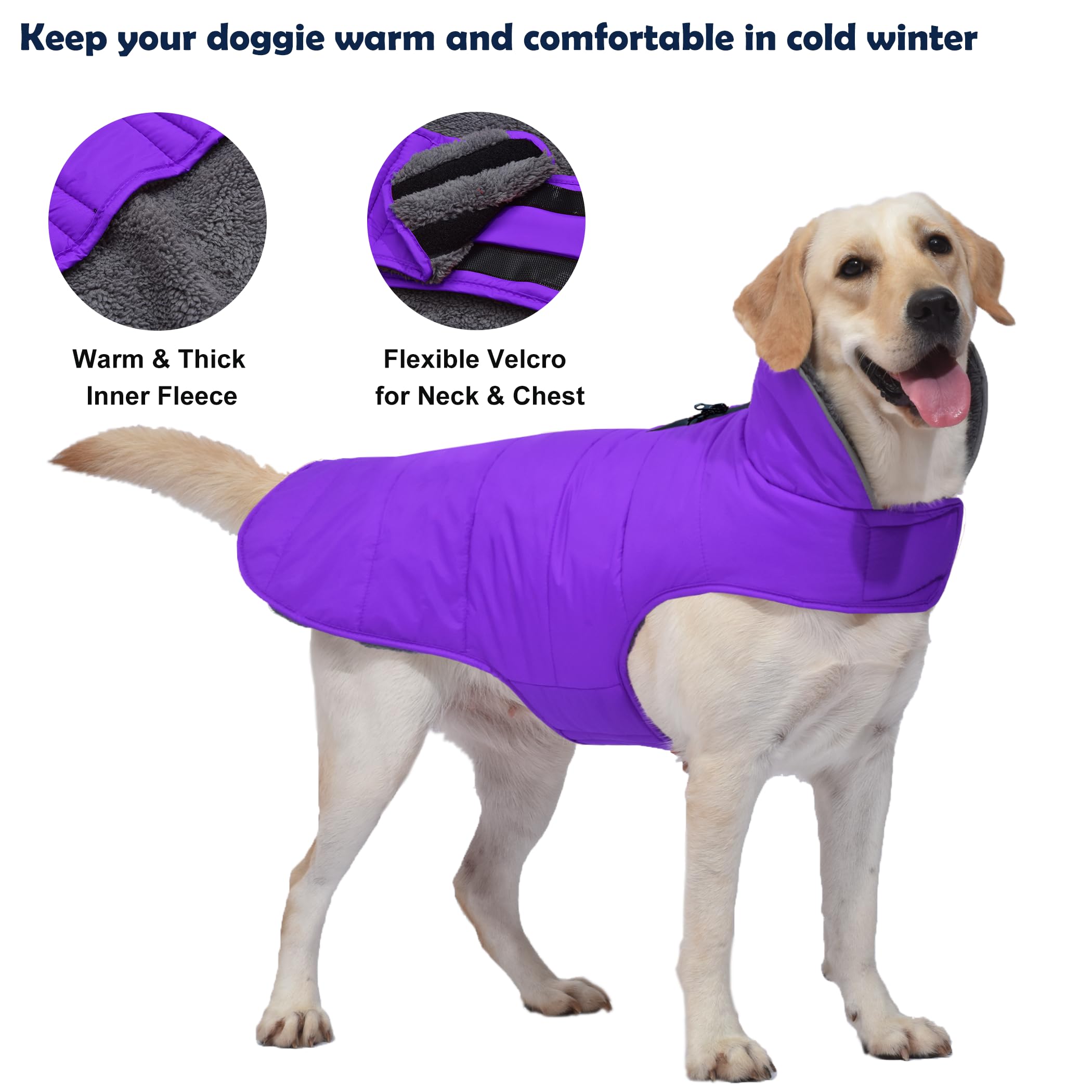 Petglad Abrigo de invierno para perro, chaqueta impermeable para perro con agujero para correa, chaleco reflectante ajustable para mascotas, suéter de forro polar cálido para perros pequeños, medianos
