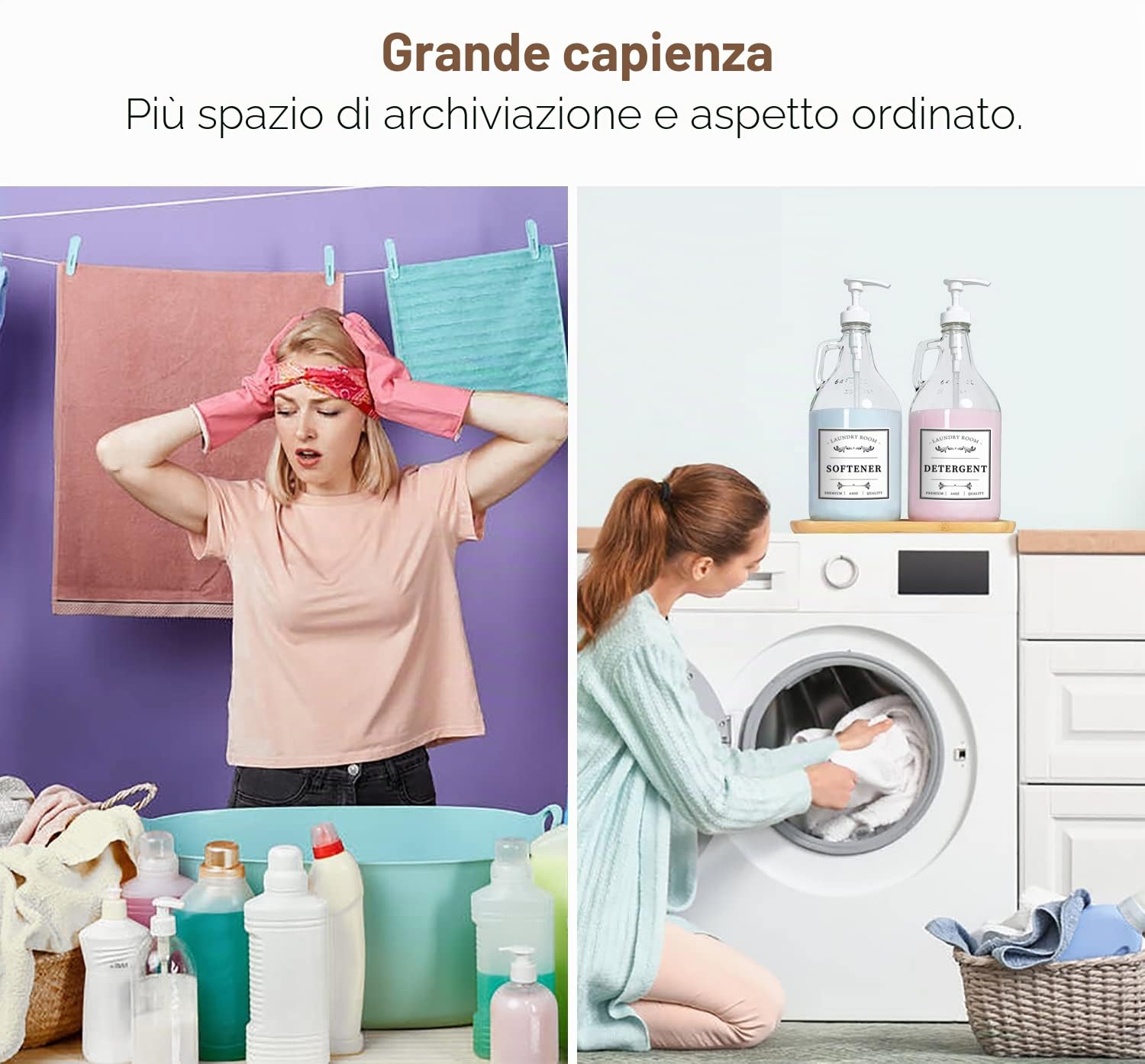 Dispenser di detersivo per bucato in vetro, dispenser di sapone liquido per lavanderia, dispenser di candeggina e ammorbidente per decorazione della fattoria, include pompe, imbuto, etichette