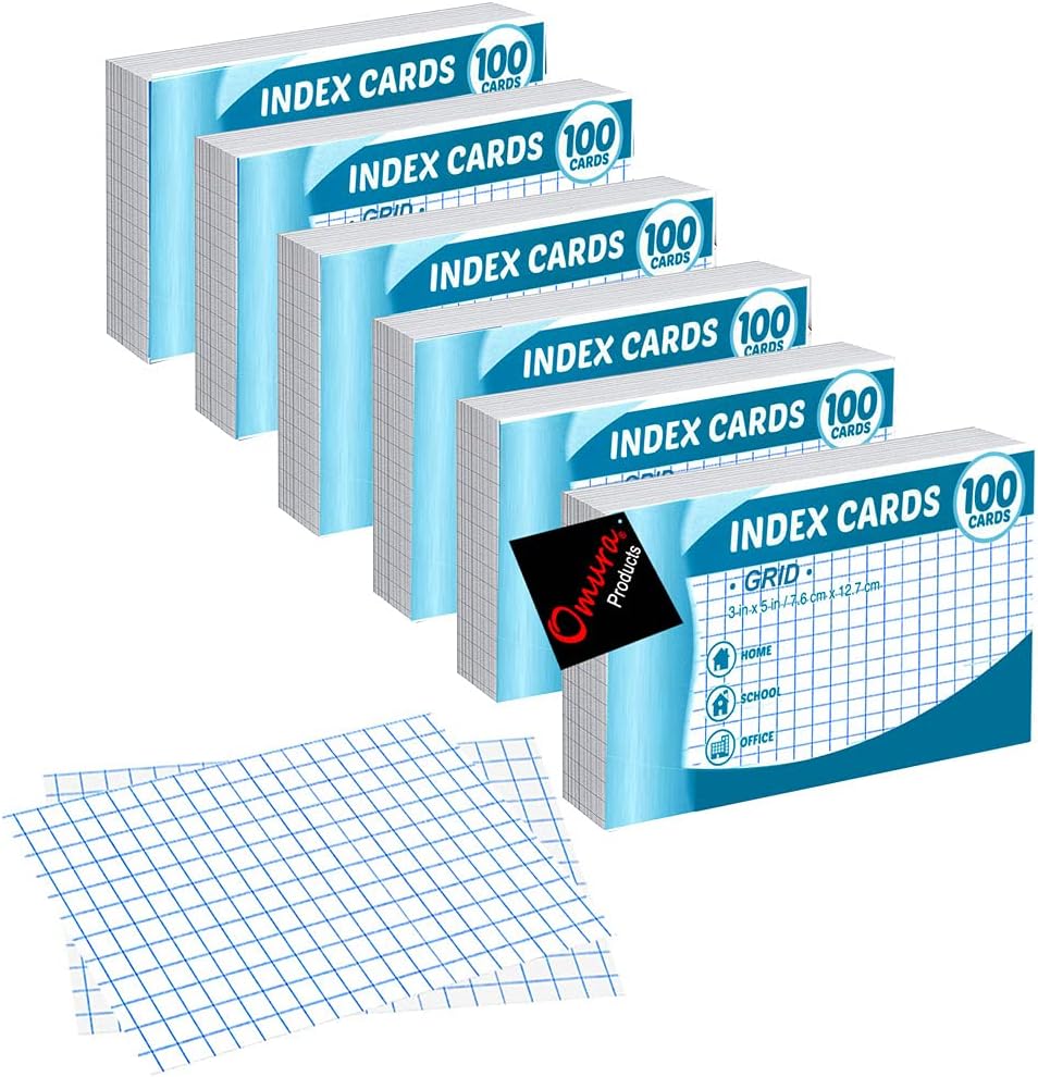 Omura Grid Index Cards 3" x 5", White, Pack 6 x 100 Sheets