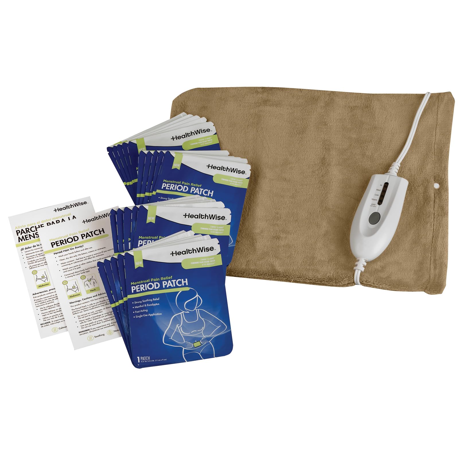 HealthWise Set per alleviare il dolore mestruale | Venti cerotti al 10% al mentolo + eucalipto | generosa toppa XL | cuscinetto riscaldante da 30,5 x 38,1 cm con calore umido e secco | Cura naturale e