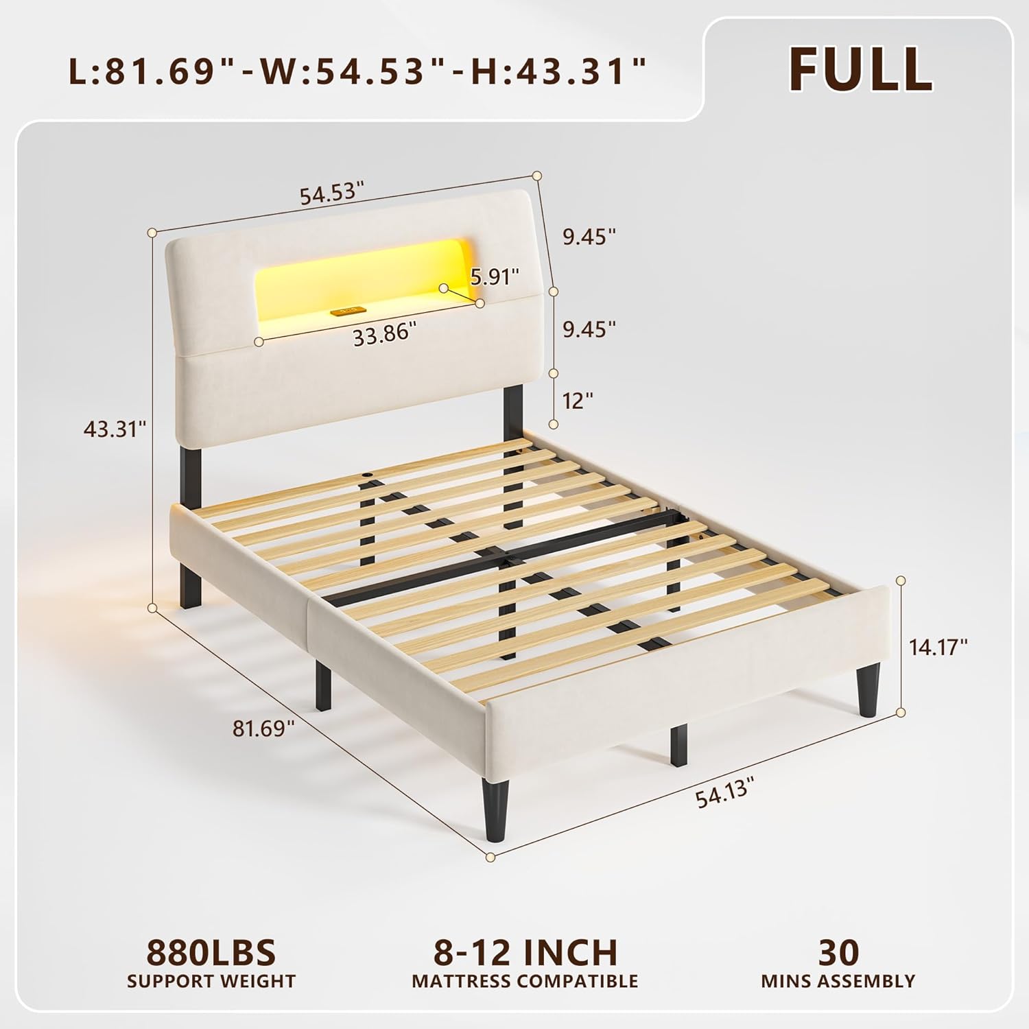 Homkdom Full Size Bed Frame with Ergonomic Storage Headboard, Upholstered Bed Frame with LED Lights & Charging Station, Unique Open-Design, NO Noise, Easy Assembly, No Box Spring Needed,Beige