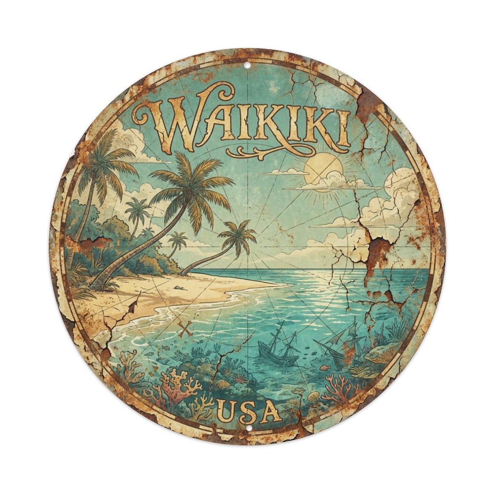 Vintage Travel Waikiki Hawaii Treasure Metal Tin Sign