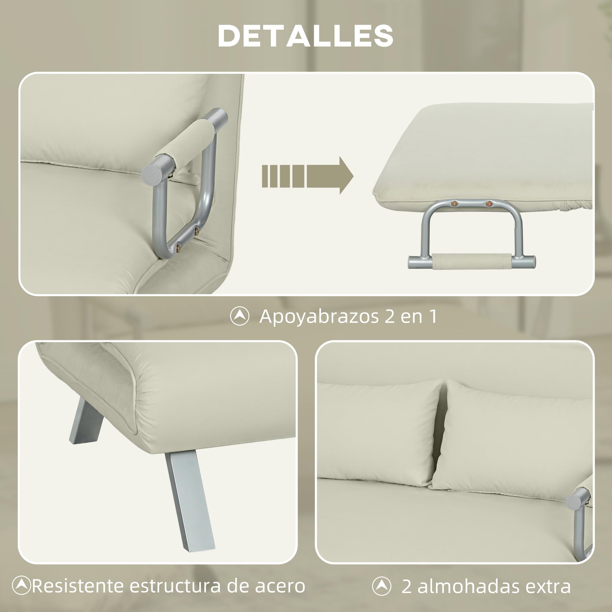 HOMCOM Sofá Cama de 2 Plazas 3 en 1 Sofá Cama Plegable Tapizado en Ante Sintético con Respaldo Ajustable de 5 Niveles y 2 Almohadas Acolchadas para Oficina Dormitorio Salón 111x80x78 cm Crema