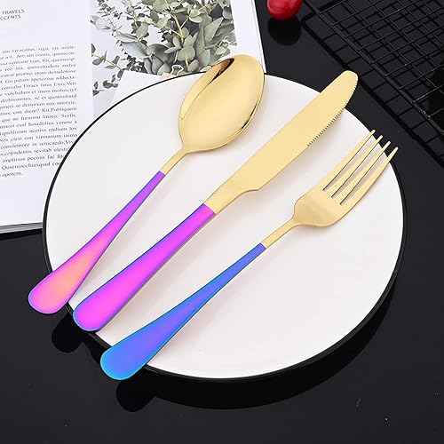 Miniatura 5 de JASHII Juego de cubiertos iridiscentes de acero inoxidable de 32 piezas juego de cubiertos de color arcoíris lindo juego de tenedores de cuchillos