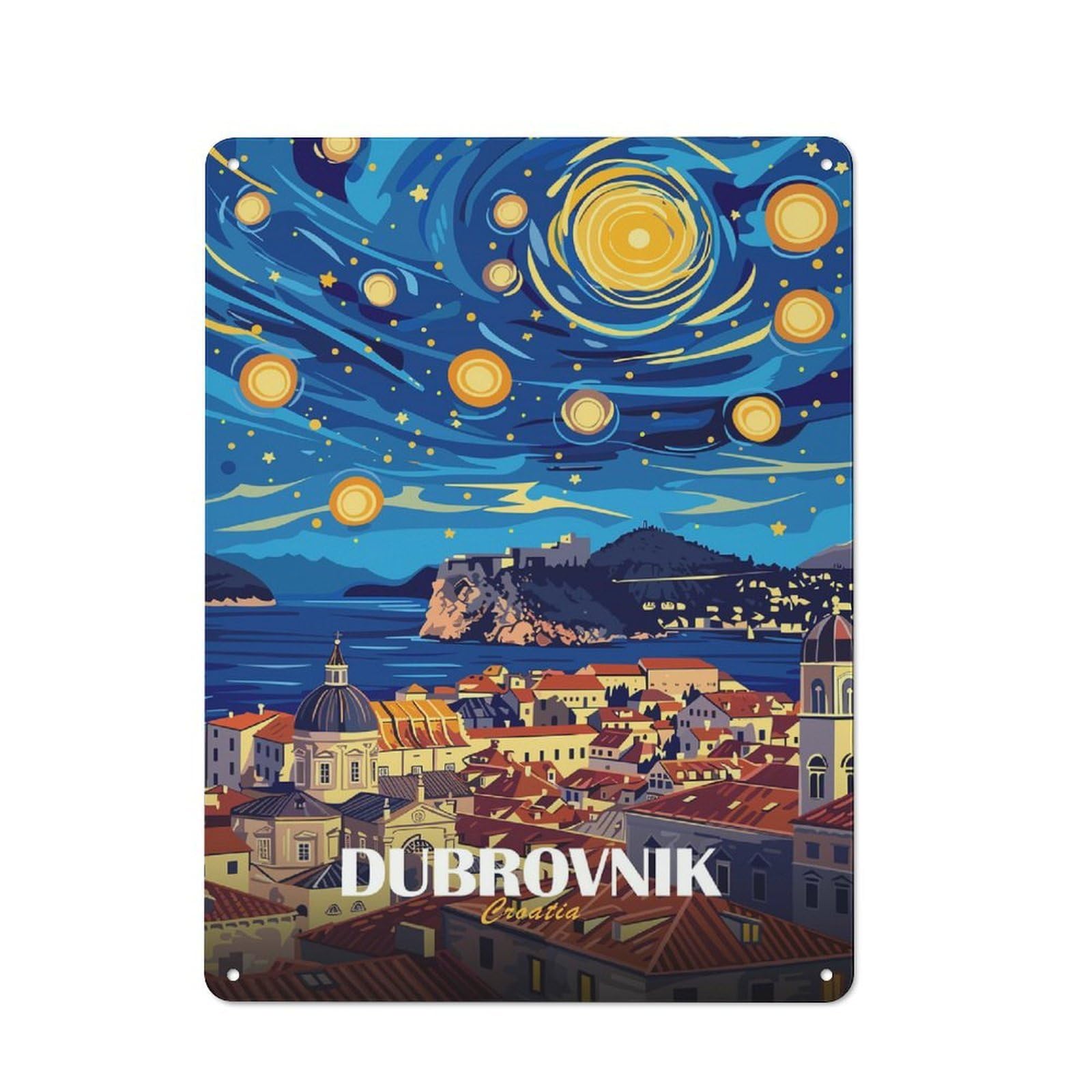 Junmoney Style-9 Dubrovnik Croatia Starry Night Art Decorative Tin Plaque 40X30cm, Decorative Novelty Wall Art For Hallway, Home Bar, Garage Or Study