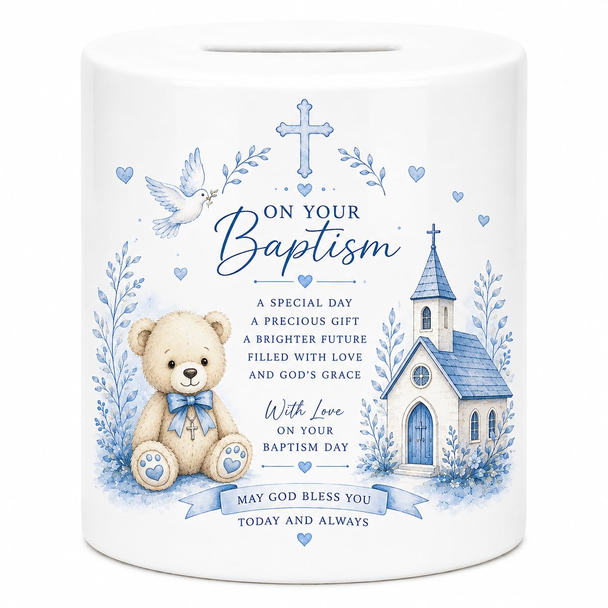 Blue Baptism Money Box | Ceramic Religious Keepsake Gift for Boys | Teddy Bear Savings Bank